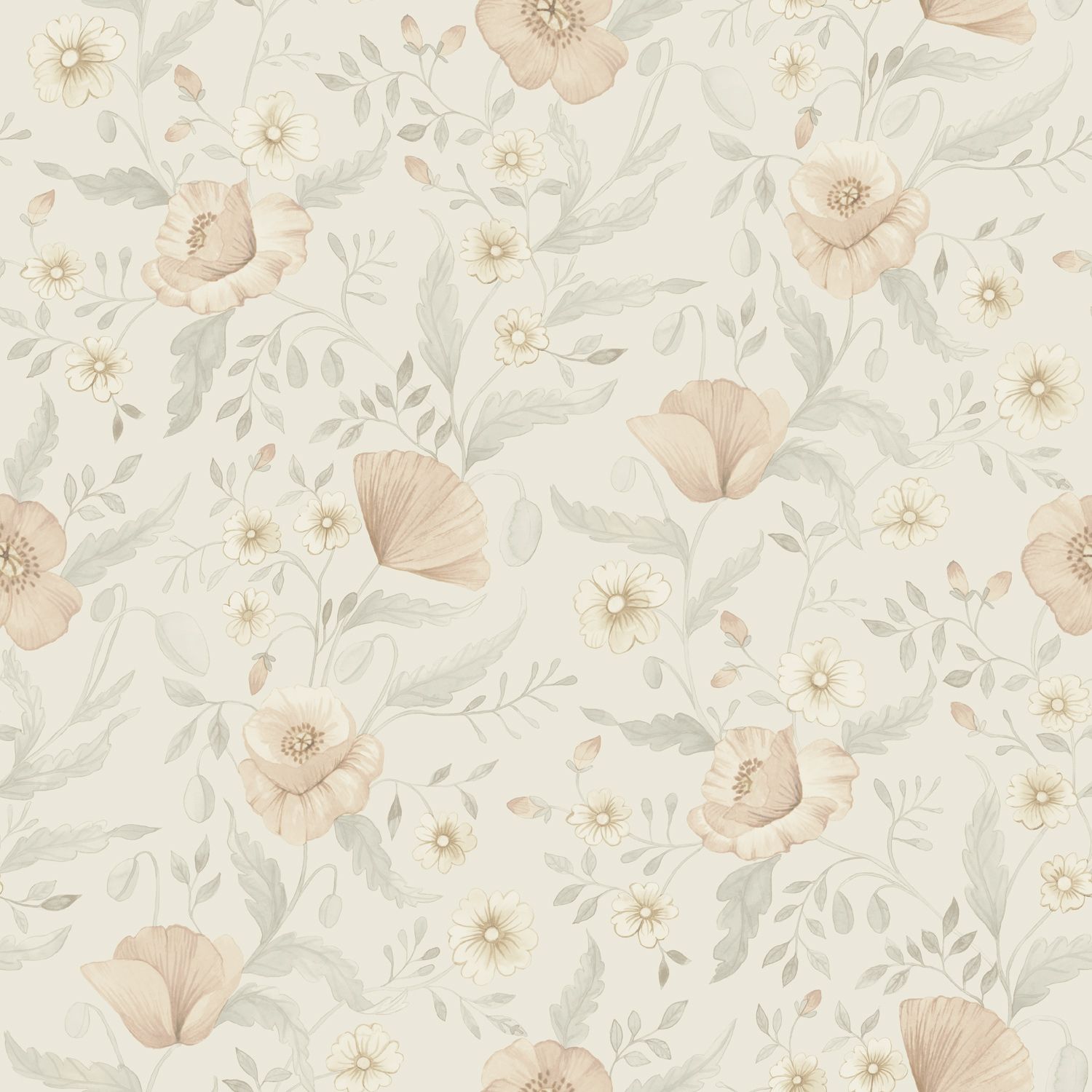 Trädgårdsblommor tapet med blommigt mönster i grå. Från kollektionen Rosenlycka. Nonwoven-material med rak passning. Passar i vardagsrum, sovrum och matsal.
