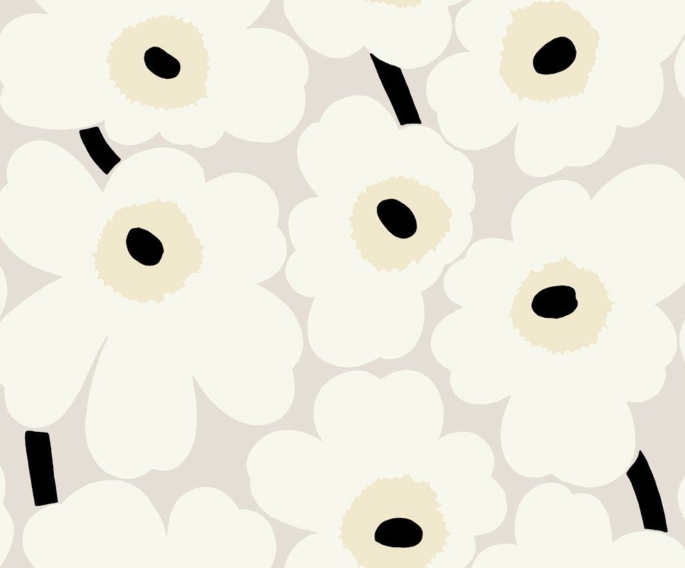 Unikko tapet med blommigt mönster i vit. Från kollektionen Marimekko 6. Nonwoven-material med förskjuten passning.