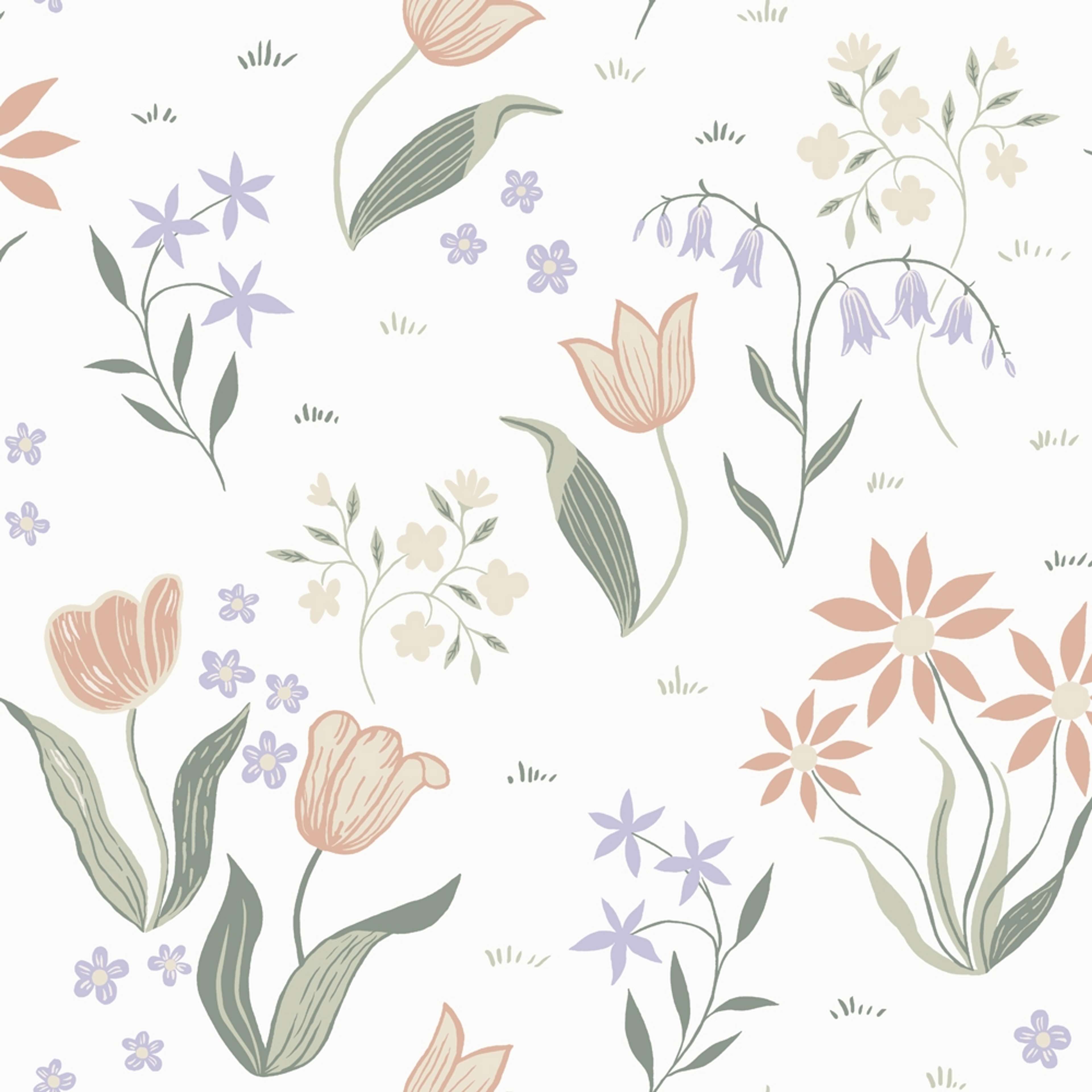 Tulpandans, vit tapet tapet med blommigt mönster i vit. Från kollektionen Långenäs. Nonwoven-material med förskjuten passning.
