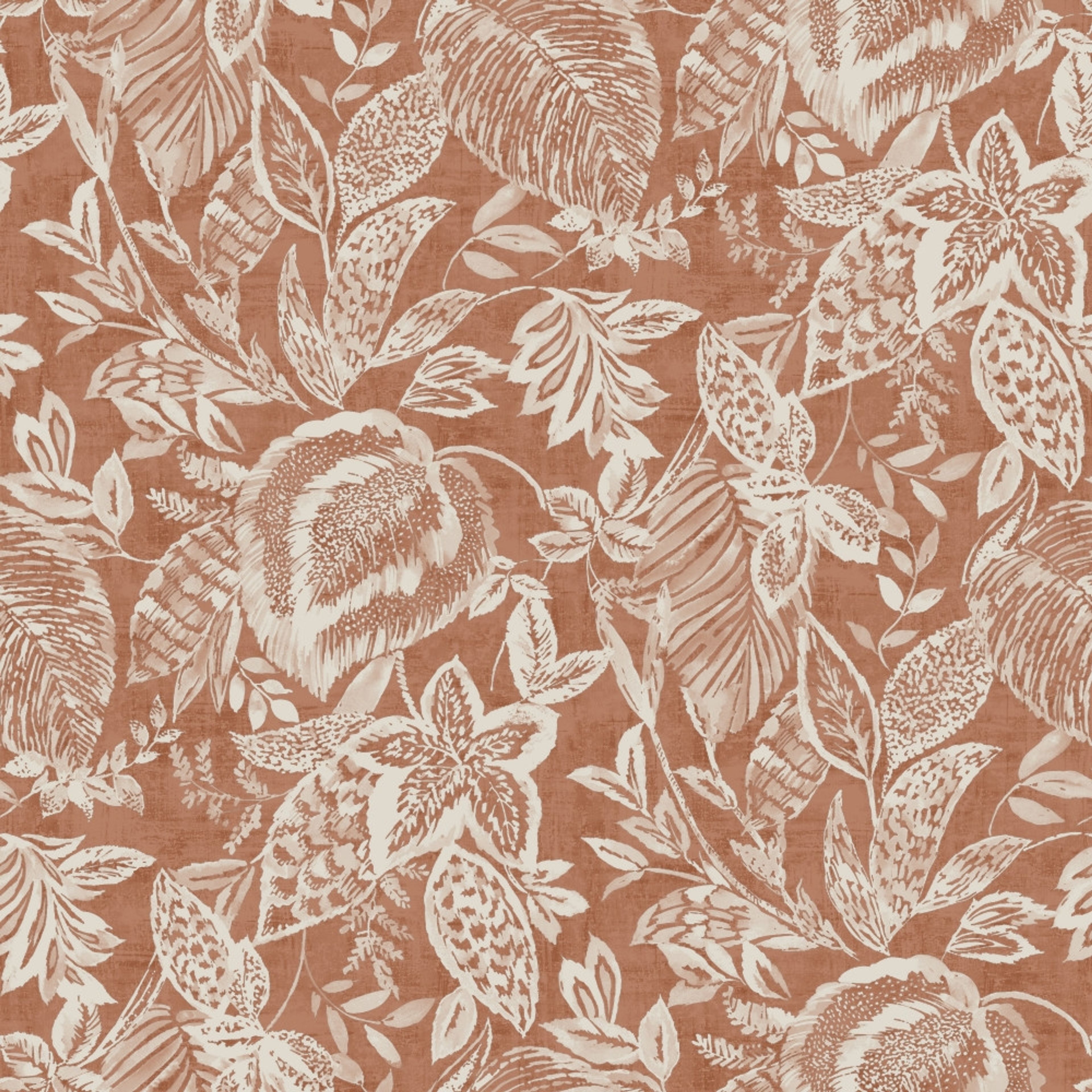 Mae tapet med botaniskt mönster i vit och orange. Från kollektionen Malika. Nonwoven-material med rak passning. Passar i vardagsrum och matsal.