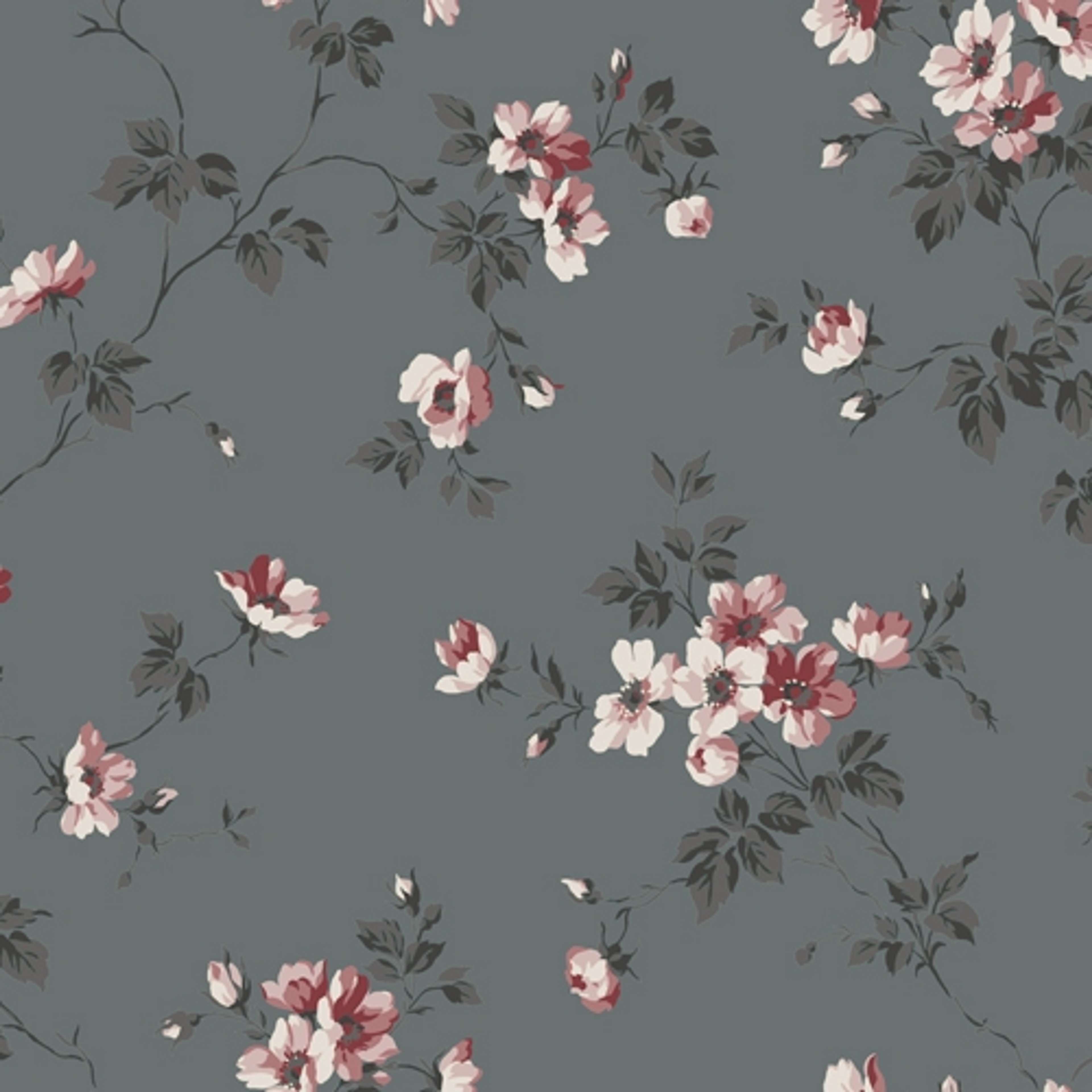 Kristina, mörkgrå tapet tapet med blommigt mönster i grå. Från kollektionen Hav & Land. Nonwoven-material med förskjuten passning.