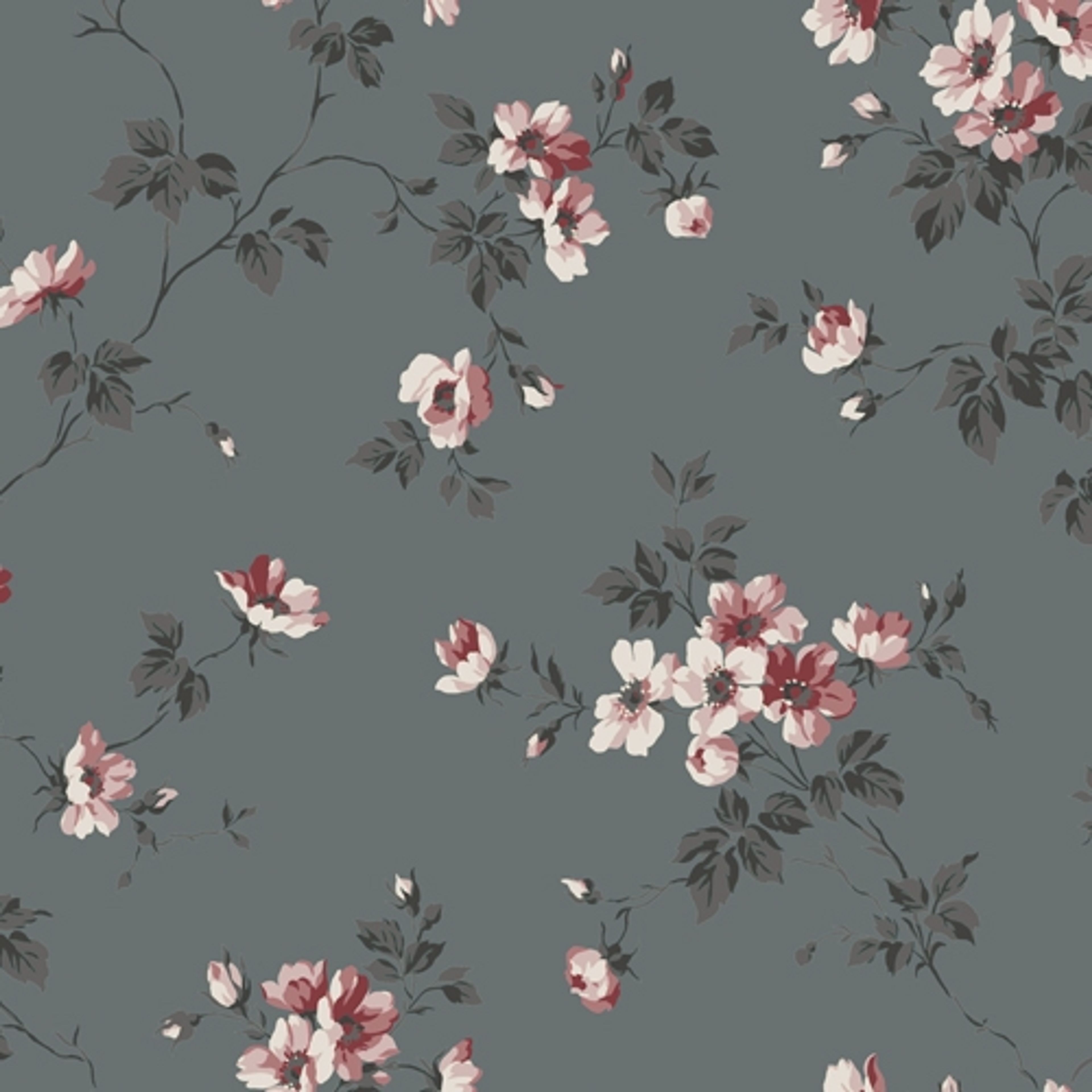 Kristina, mörkgrå tapet tapet med blommigt mönster i grå. Från kollektionen Hav & Land. Nonwoven-material med förskjuten passning.
