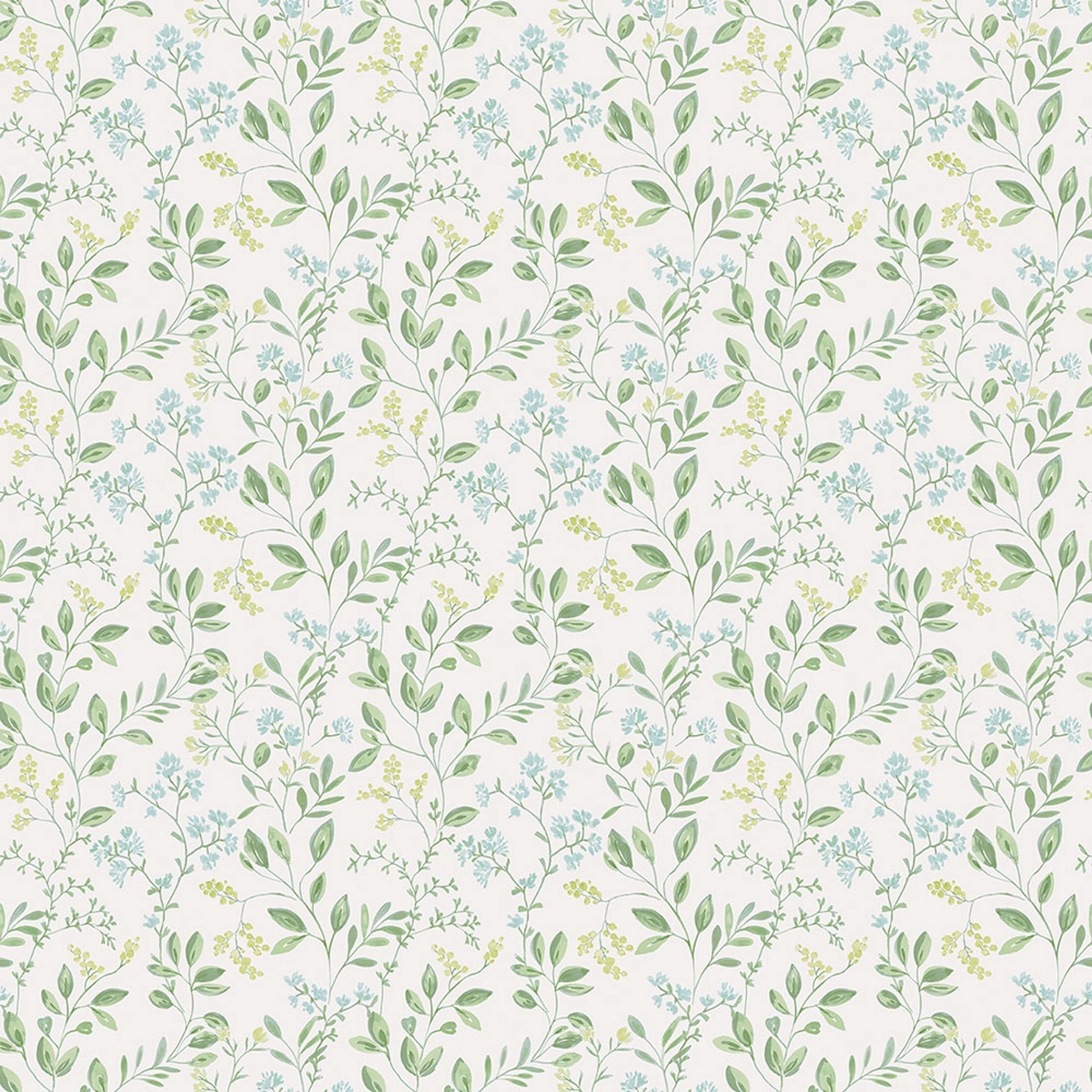 Spring leaf trail tapet med blommigt mönster i grön och blå. Från kollektionen Just Kitchens. Nonwoven-material med rak passning.