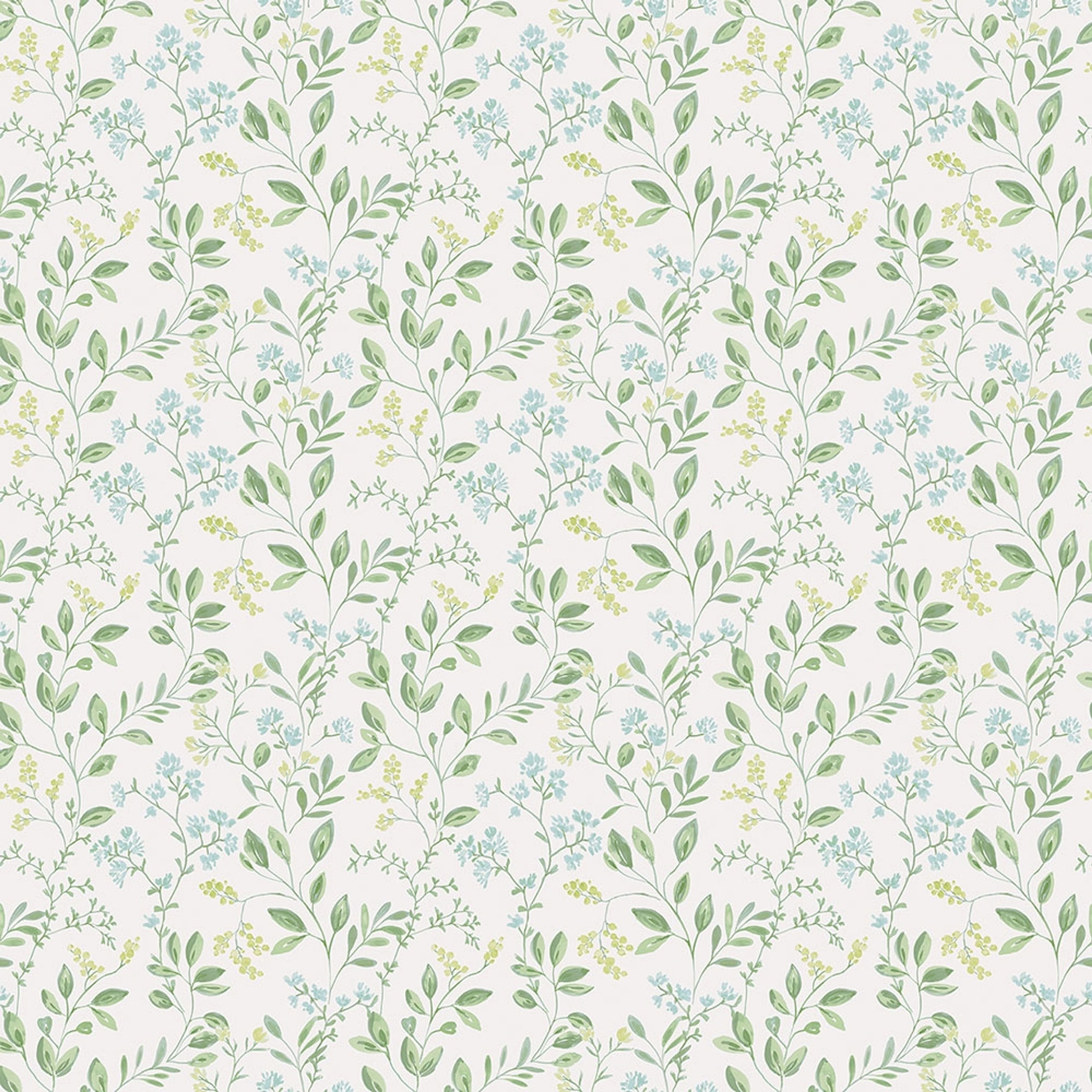 Spring leaf trail tapet med blommigt mönster i grön och blå. Från kollektionen Just Kitchens. Nonwoven-material med rak passning.