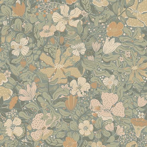 Midsommar tapet med blommigt mönster i blå. Från kollektionen Längtan. Nonwoven-material med förskjuten passning. Passar i barnrum.