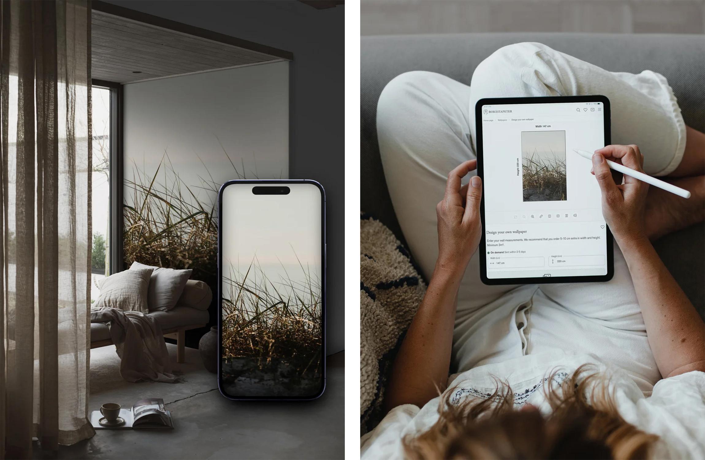 Phone displaying dry grass in a minimalist room, next to a person editing the same grass photo on a tablet.