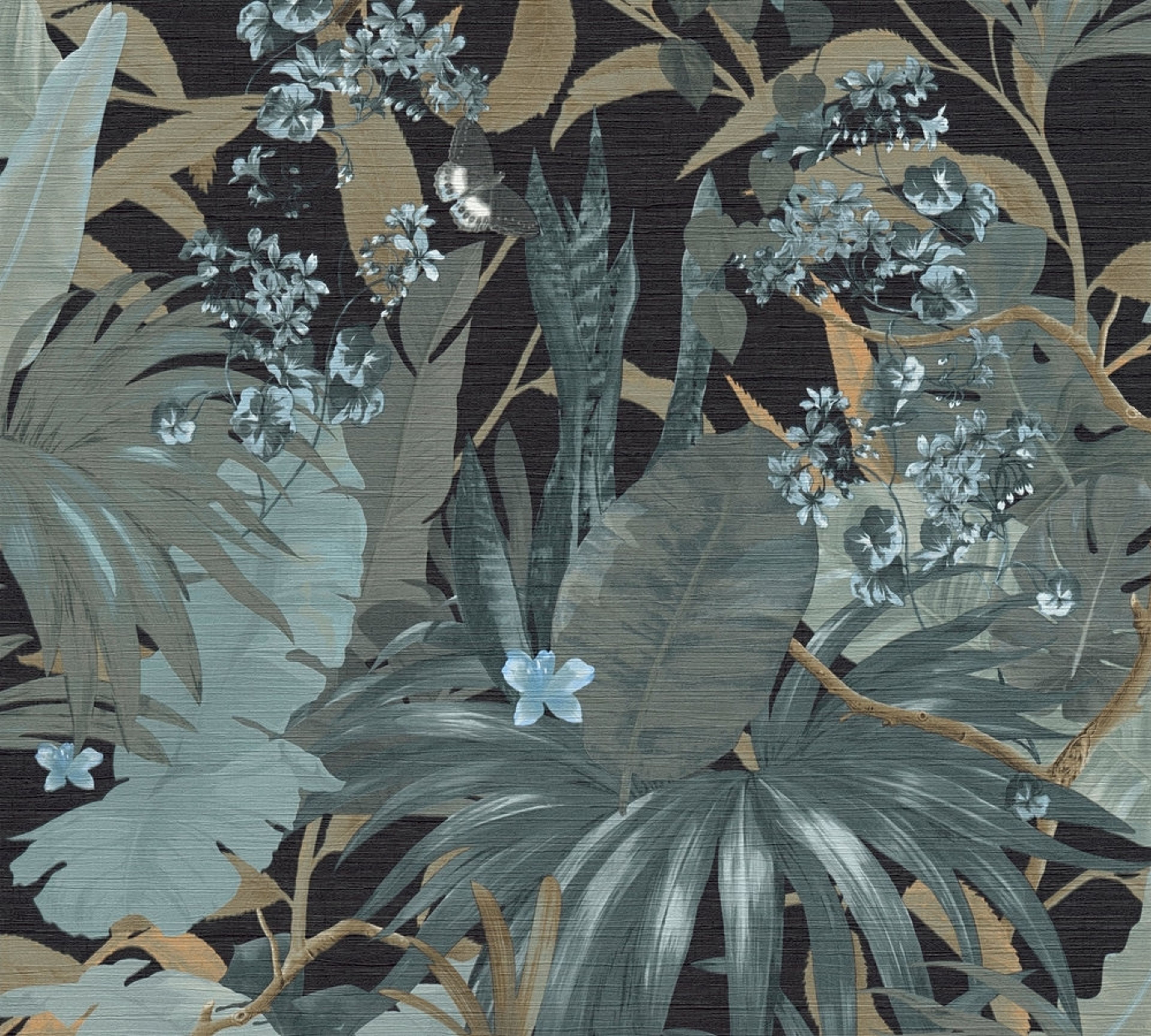 Aruba tapet med blommigt mönster i turkos. Från kollektionen Aruba. Nonwoven-material med förskjuten passning. Passar i vardagsrum och matsal.