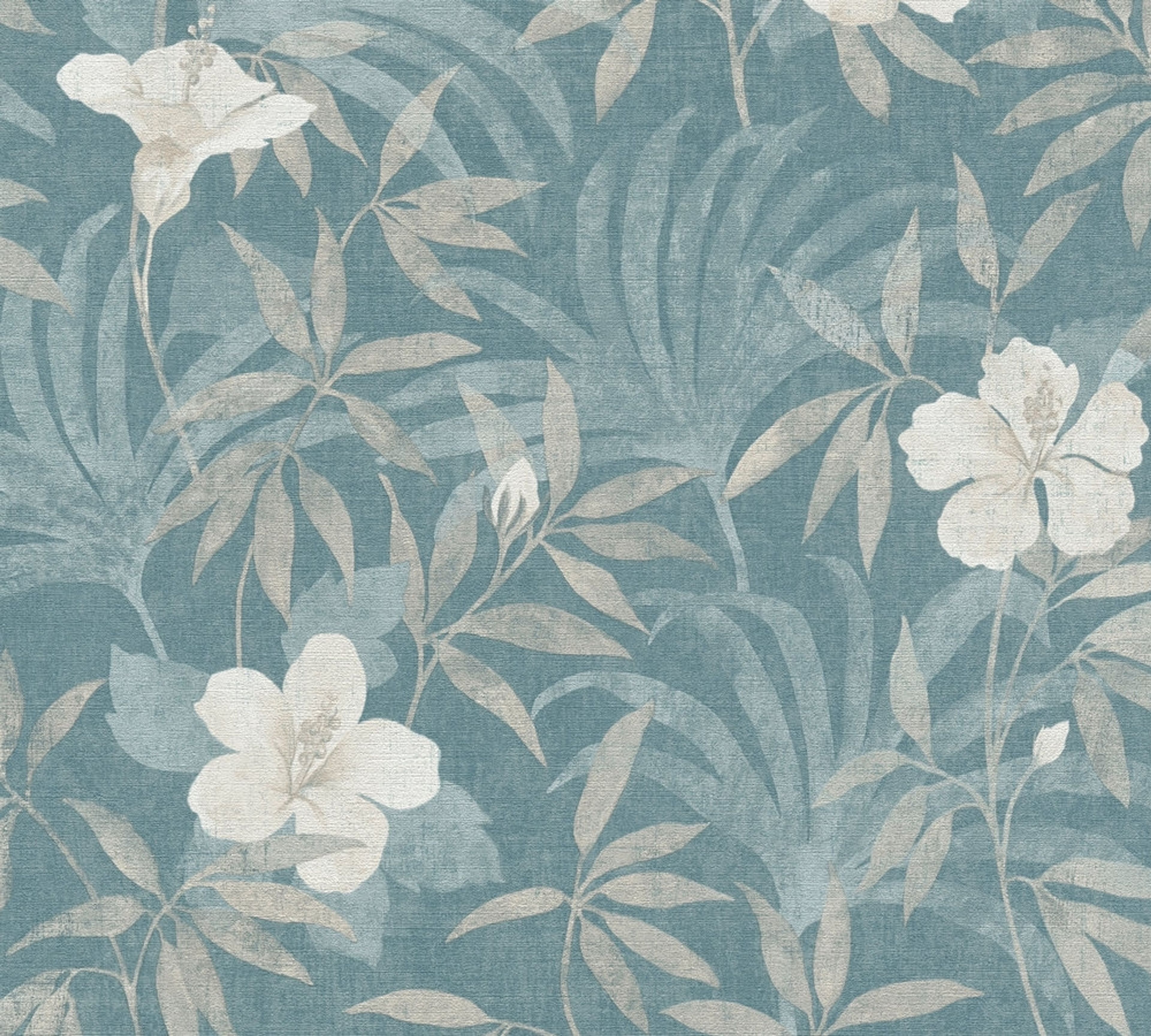 Aruba Flowers tapet med blommigt mönster i turkos. Från kollektionen Aruba. Nonwoven-material med förskjuten passning. Passar i vardagsrum och matsal.