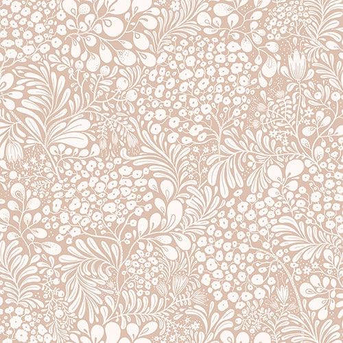 Siv, beigerosa tapet med blommigt mönster i beige. Från kollektionen Lina 2. Nonwoven-material med förskjuten passning.