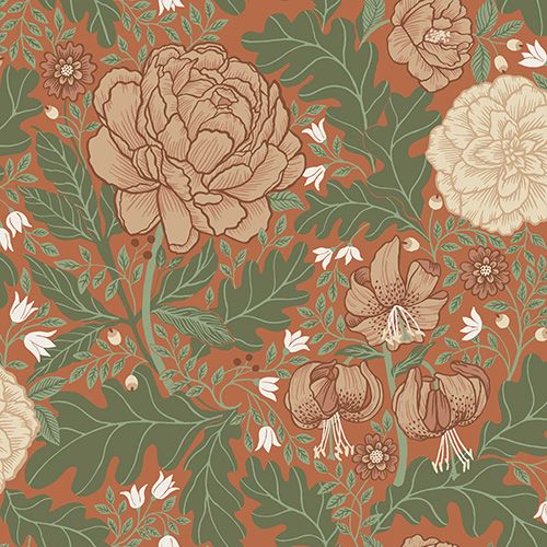 Camille storblommig, rödorange tapet från Midbec med blommigt mönster i röd. Från kollektionen Ekbacka. Nonwoven-material med förskjuten passning.
