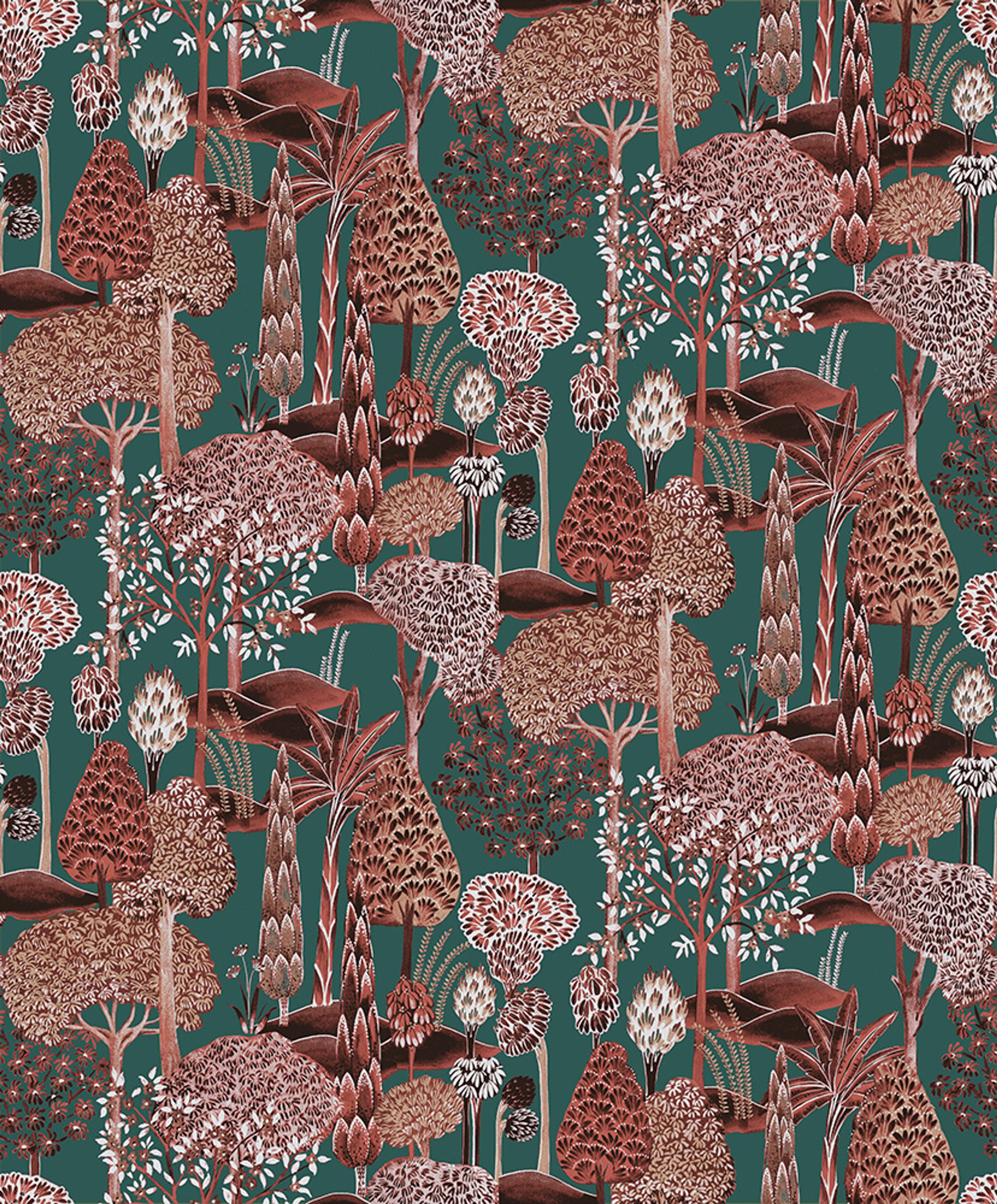 Viray Sienna tapet med botaniskt mönster i röd. Från kollektionen Summer. Nonwoven-material med rak passning.