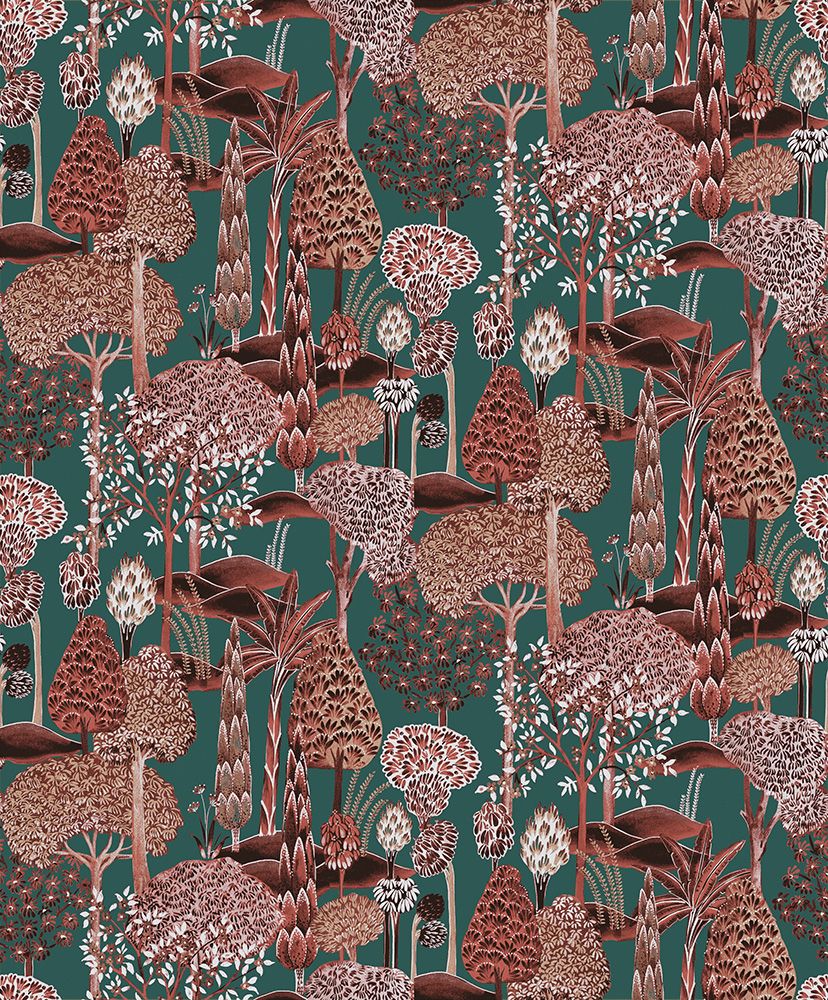 Viray Sienna tapet med botaniskt mönster i röd. Från kollektionen Summer. Nonwoven-material med rak passning.