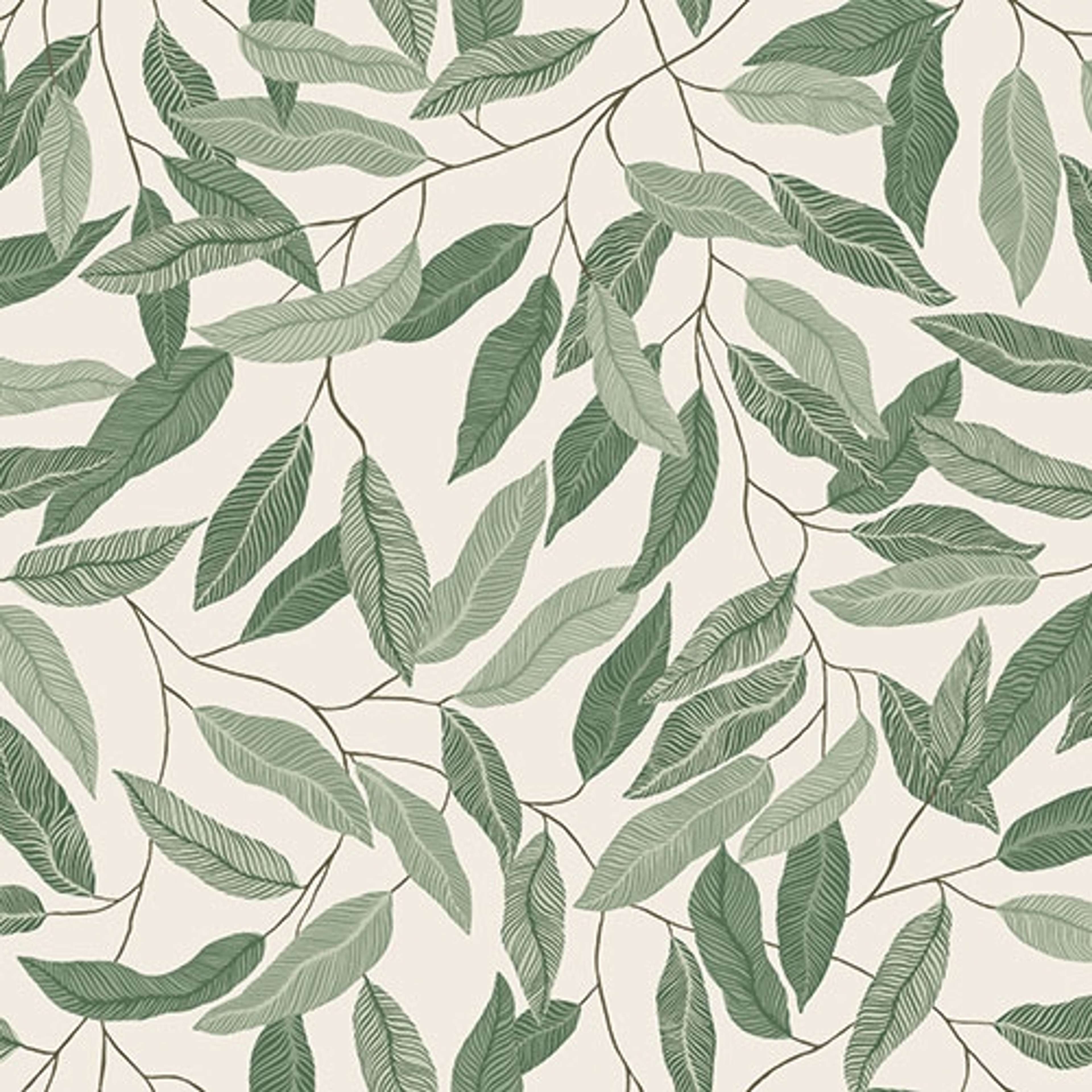 Florian tapet med botaniskt mönster i grön och beige. Från kollektionen skogsgläntan. Nonwoven-material med förskjuten passning. Country-stil. Passar i vardagsrum, sovrum och matsal.