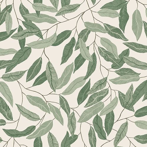 Florian tapet med botaniskt mönster i grön och beige. Från kollektionen skogsgläntan. Nonwoven-material med förskjuten passning. Country-stil. Passar i vardagsrum, sovrum och matsal.