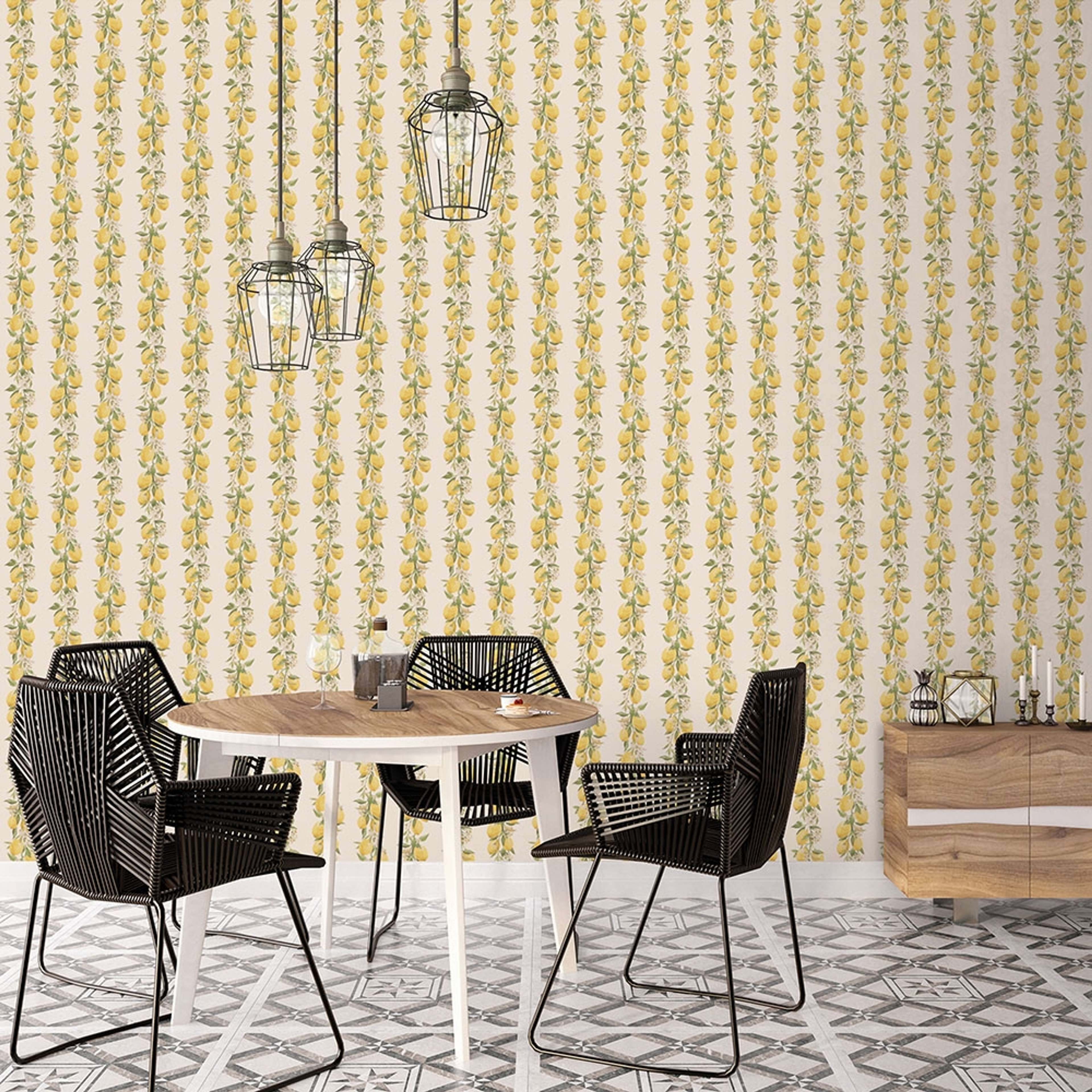 Lemon Stripe tapet med botaniskt mönster i grön. Från kollektionen Just Kitchens. Nonwoven-material.