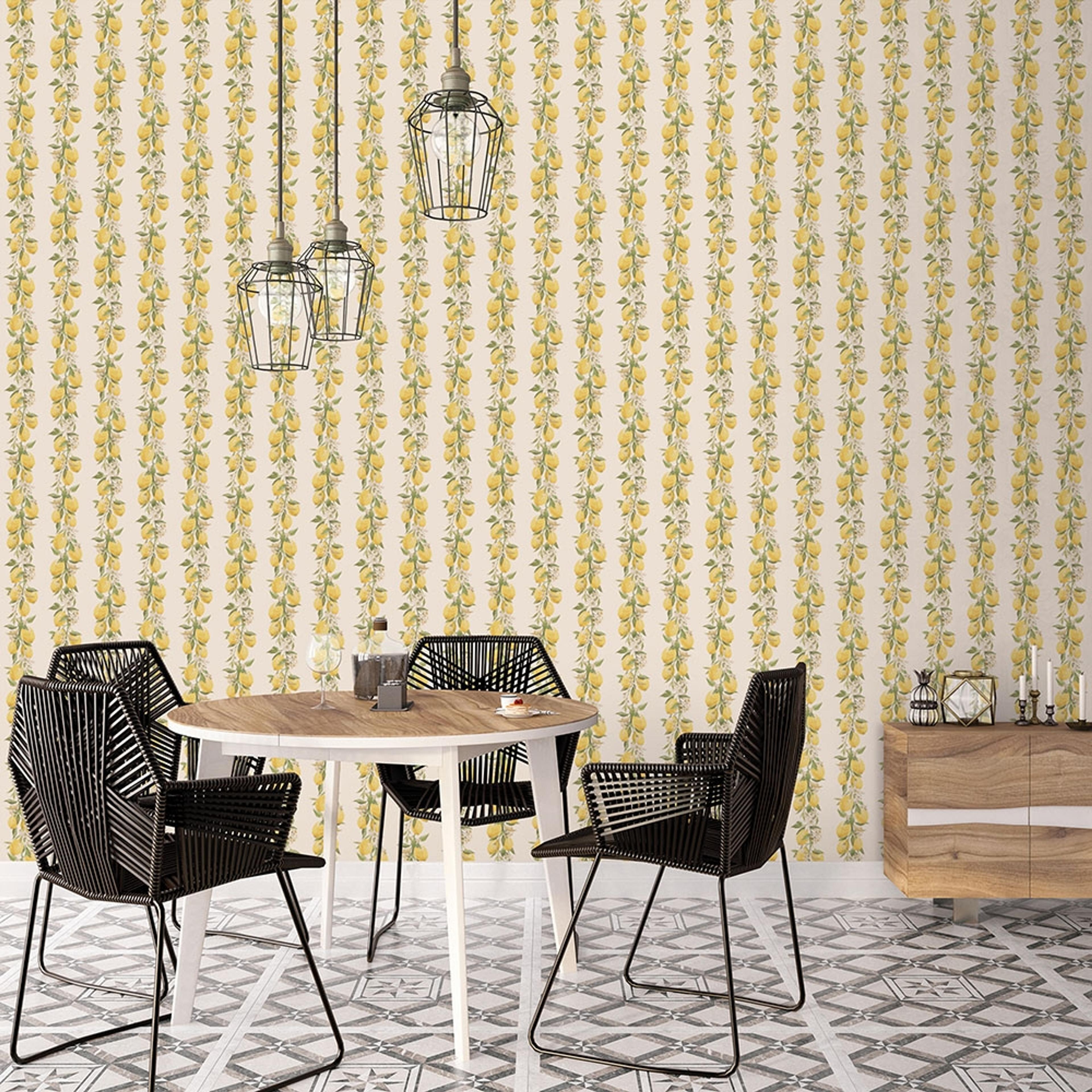 Lemon Stripe tapet med botaniskt mönster i grön. Från kollektionen Just Kitchens. Nonwoven-material.