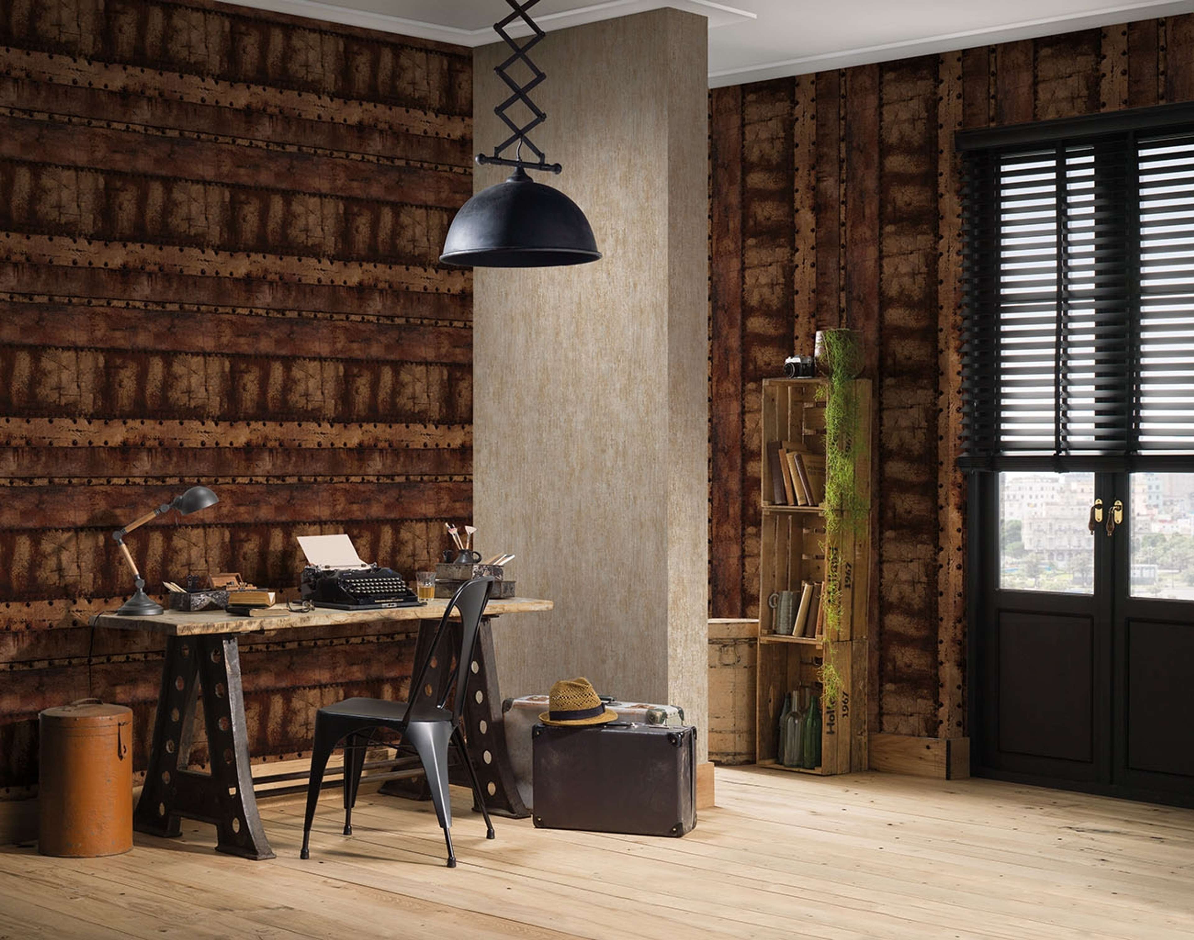 Sheet metal wall, strukturtapet i brun tapet med platmetall mönster i brun. Från kollektionen best of wood n stone 2. Nonwoven-material med fri passning. Passar i vardagsrum och matsal.