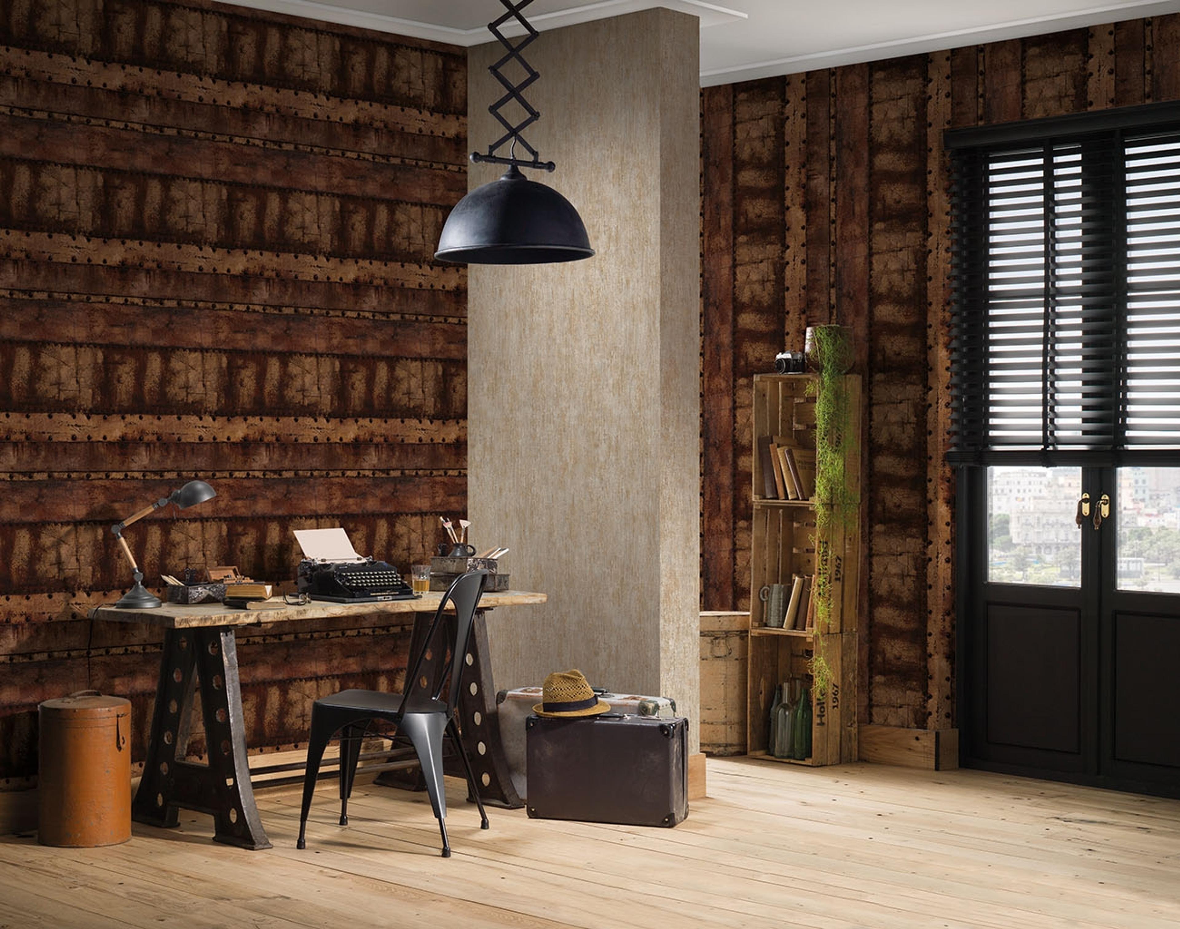 Sheet metal wall, strukturtapet i brun tapet med platmetall mönster i brun. Från kollektionen best of wood n stone 2. Nonwoven-material med fri passning. Passar i vardagsrum och matsal.