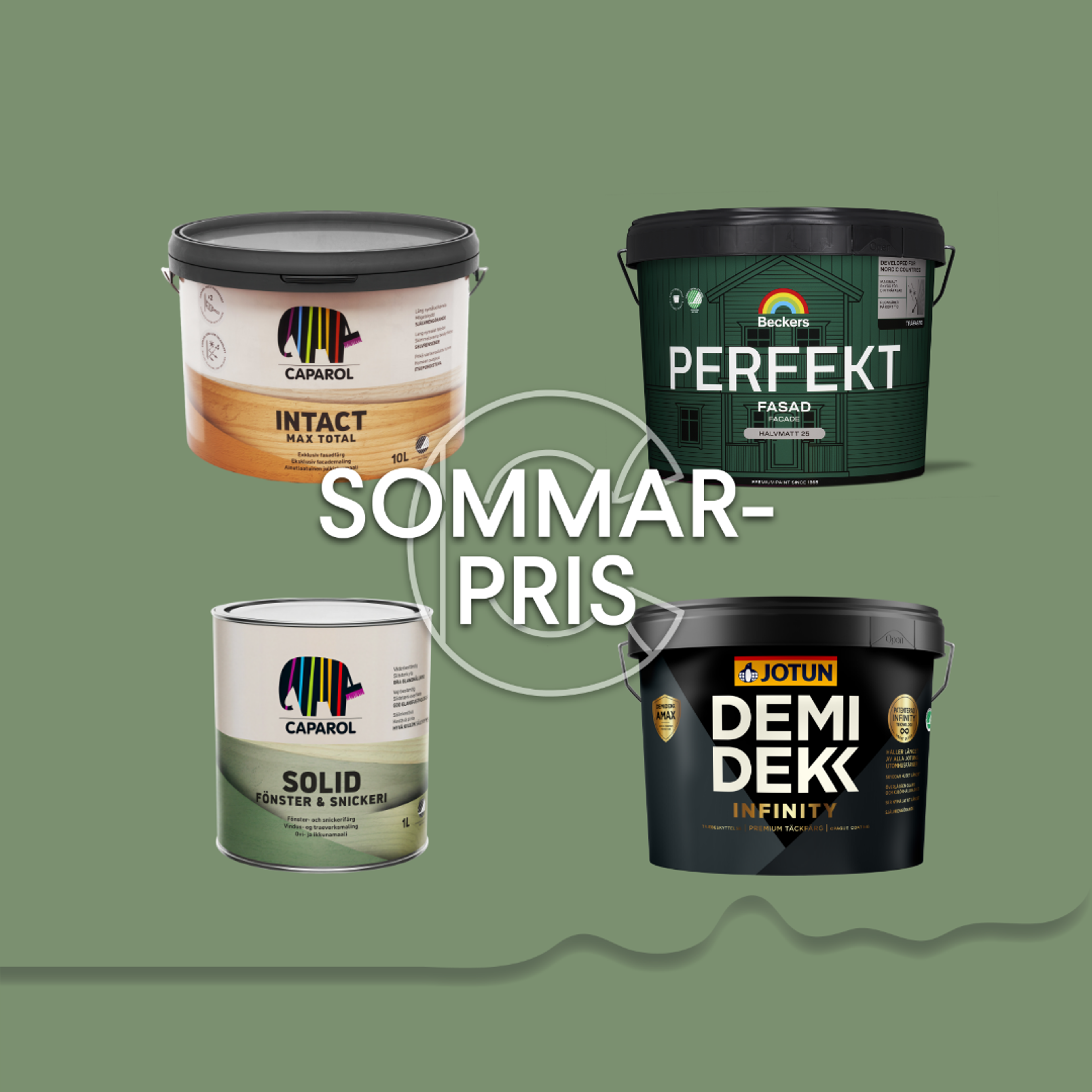 Four paint buckets from Caparol, Beckers, and Jotun with a "SOMMAR-PRIS" (Summer Price) overlay on a green background.