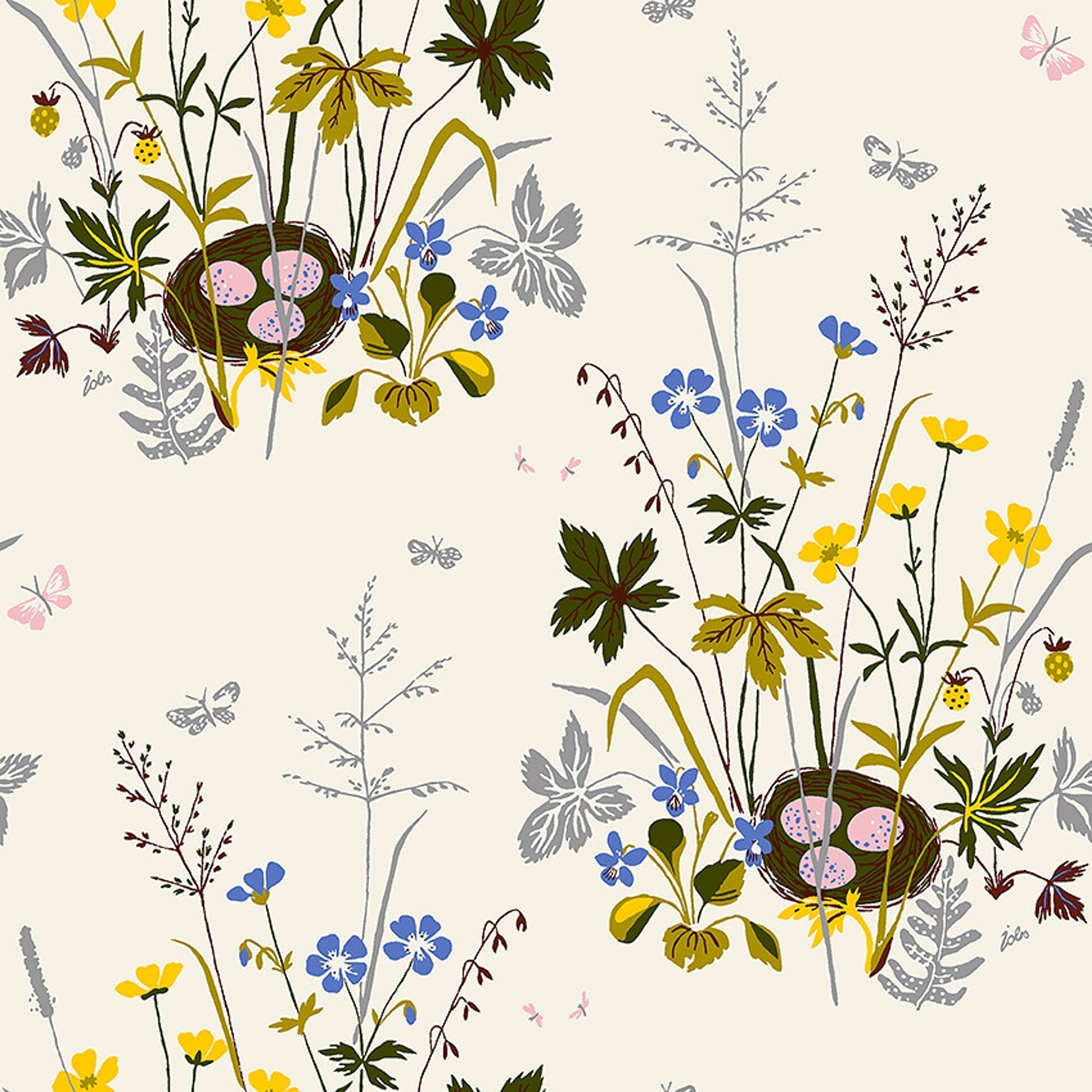 Lisbet Jobs Fågelbo tapet med blommigt, retro mönster i vit och gul. Från kollektionen Scandinavian Designers III. Nonwoven-material med rak passning.