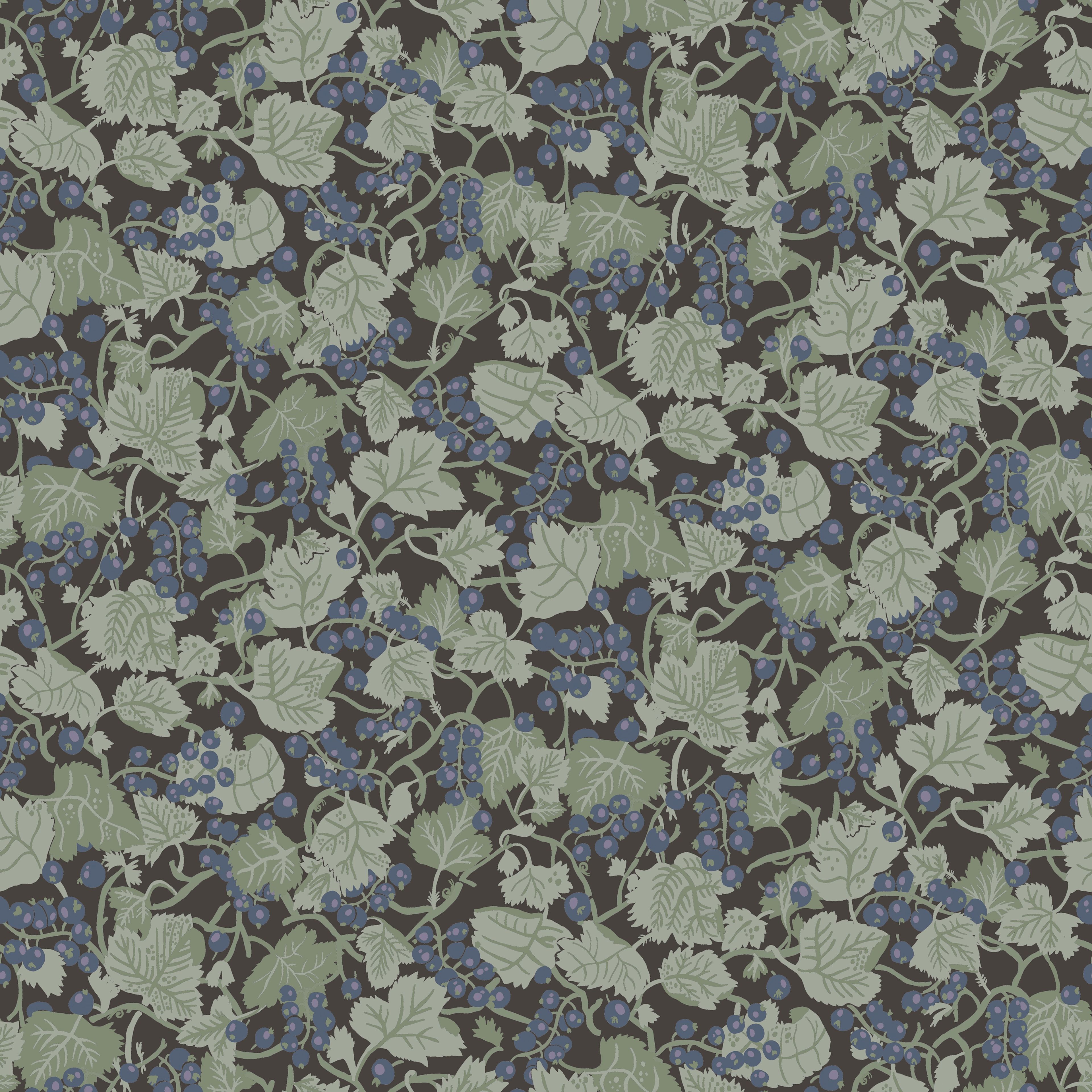 Klara o Tove vinbärsplock svart, tapet tapet med botaniskt mönster i svart. Från kollektionen Klara o Tove. Nonwoven-material med rak passning. Passar i vardagsrum, sovrum och hall.