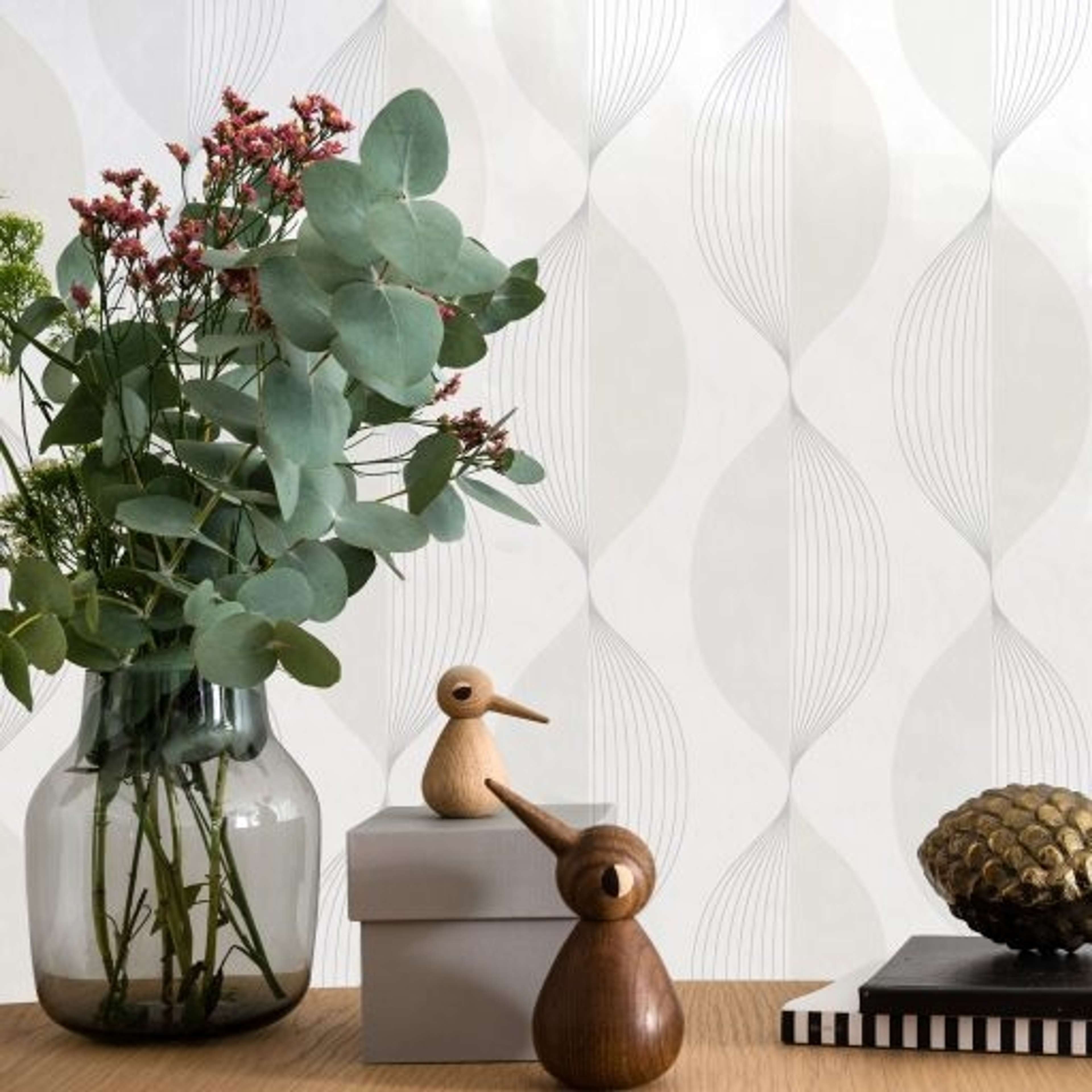 Ellips, Vit tapet från duro med geometriskt mönster i vit och beige. Från kollektionen Natur. Nonwoven-material med rak passning. Vintage-stil.