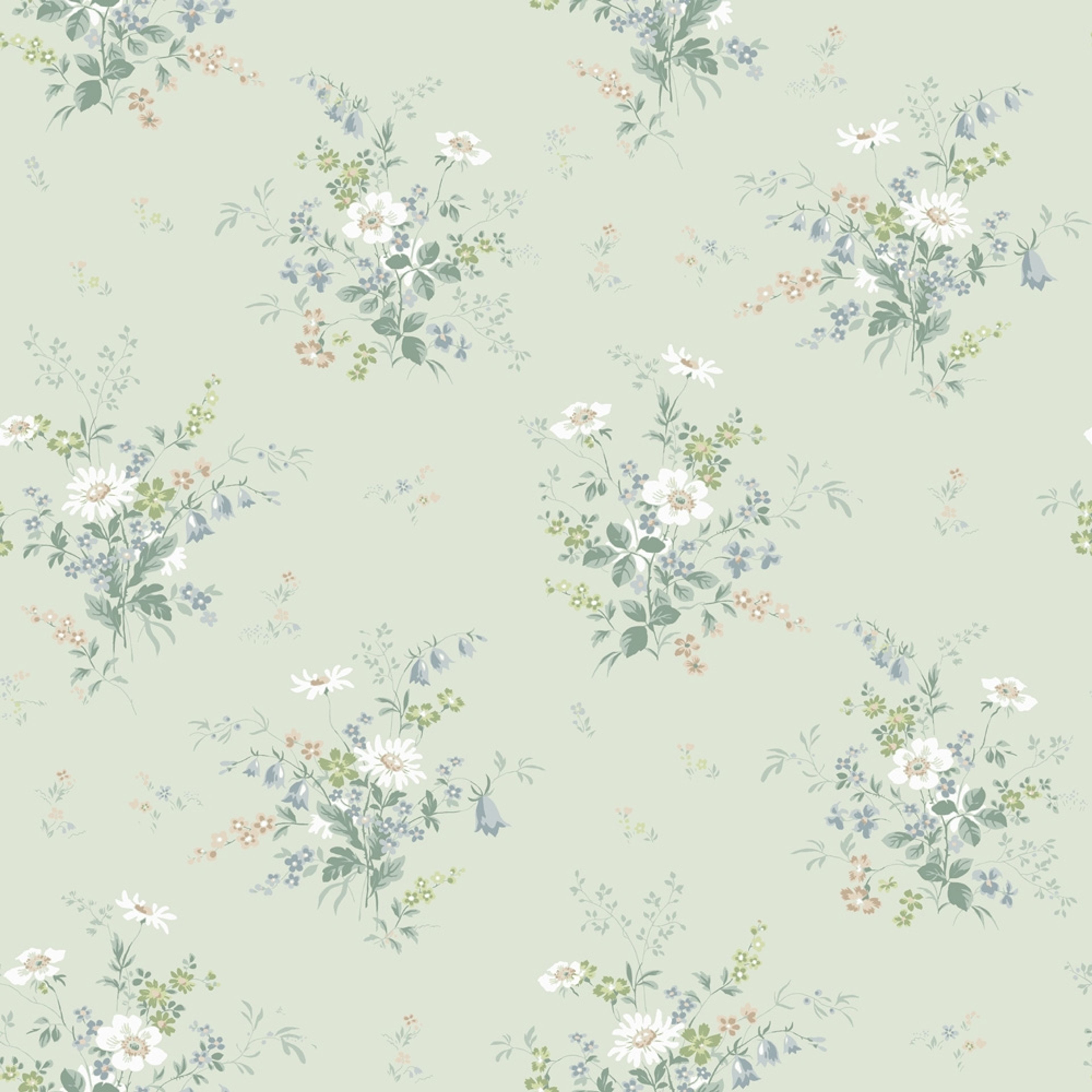 Olivia grön, tapet tapet med blommigt mönster i grön. Från kollektionen Sommaräng. Nonwoven-material med rak passning.