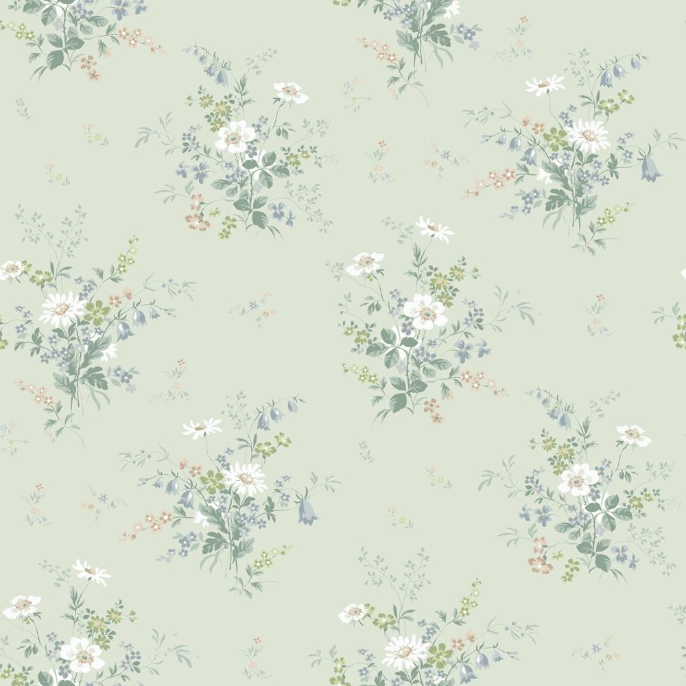 Olivia grön, tapet tapet med blommigt mönster i grön. Från kollektionen Sommaräng. Nonwoven-material med rak passning.
