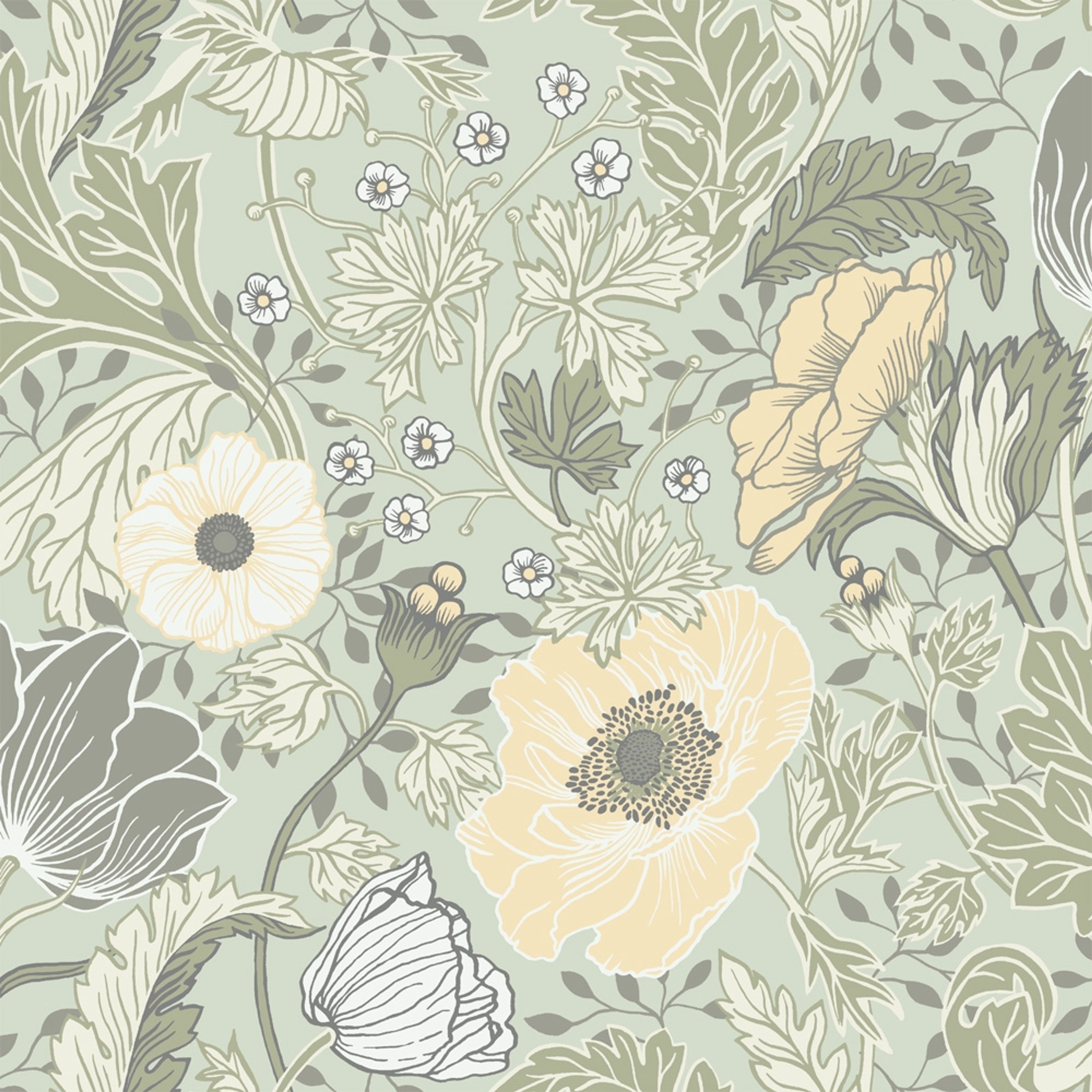 Anemone tapet med blommigt mönster i grå. Från kollektionen Fågelsång. Nonwoven-material med förskjuten passning.