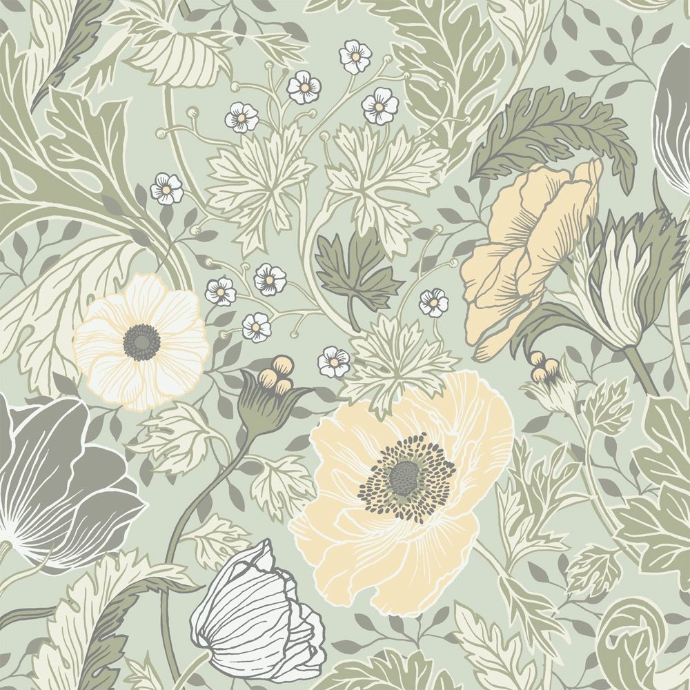 Anemone tapet med blommigt mönster i grå. Från kollektionen Fågelsång. Nonwoven-material med förskjuten passning.