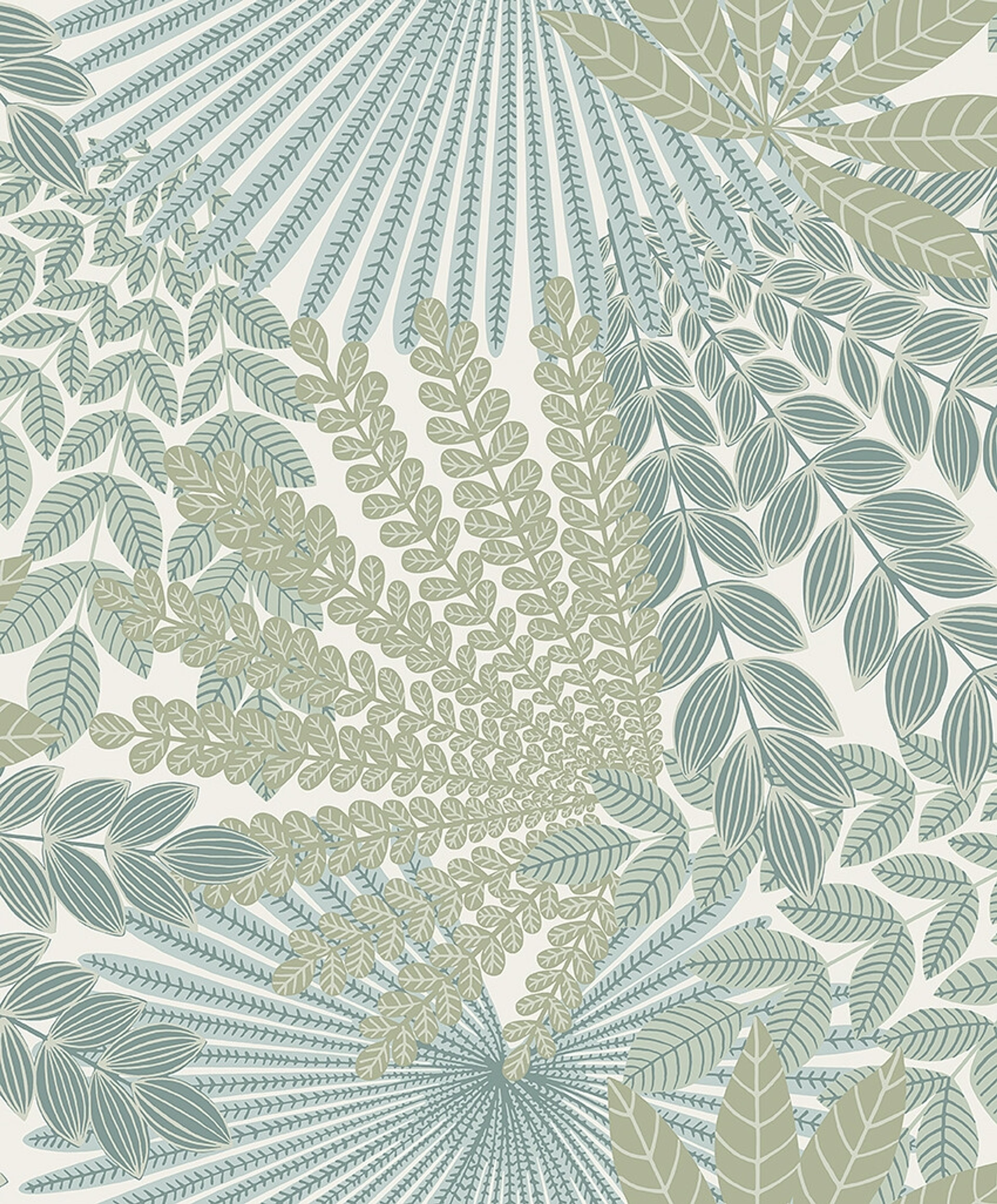 Velvet Leaves bladverk i milt blågrönt tapet med botaniskt mönster i grön. Från kollektionen Treasured. Nonwoven-material med förskjuten passning. Passar i kök, hall och arbetsrum.