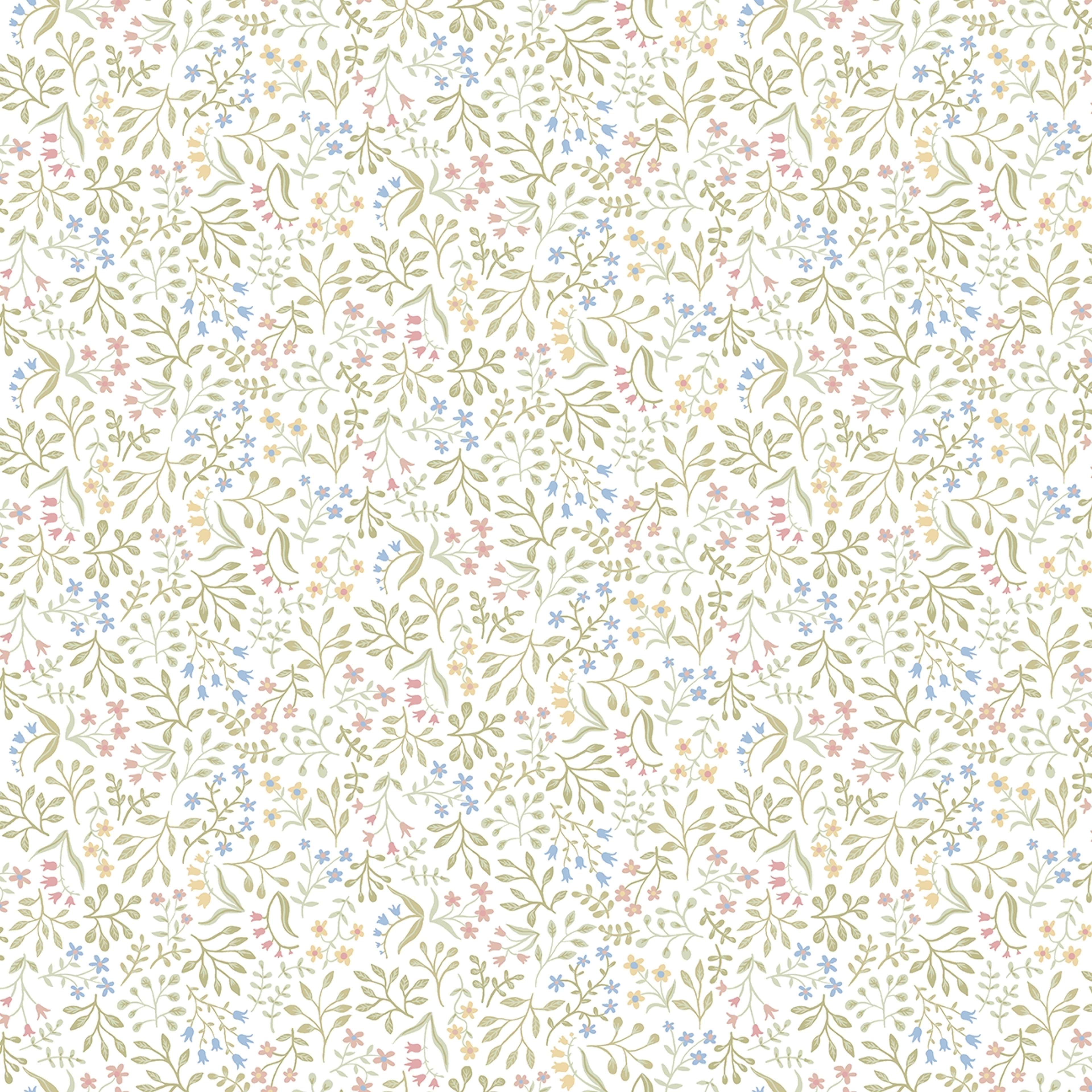 Marie tapet med blommigt mönster i vit. Från kollektionen Ängås. Nonwoven-material med förskjuten passning.