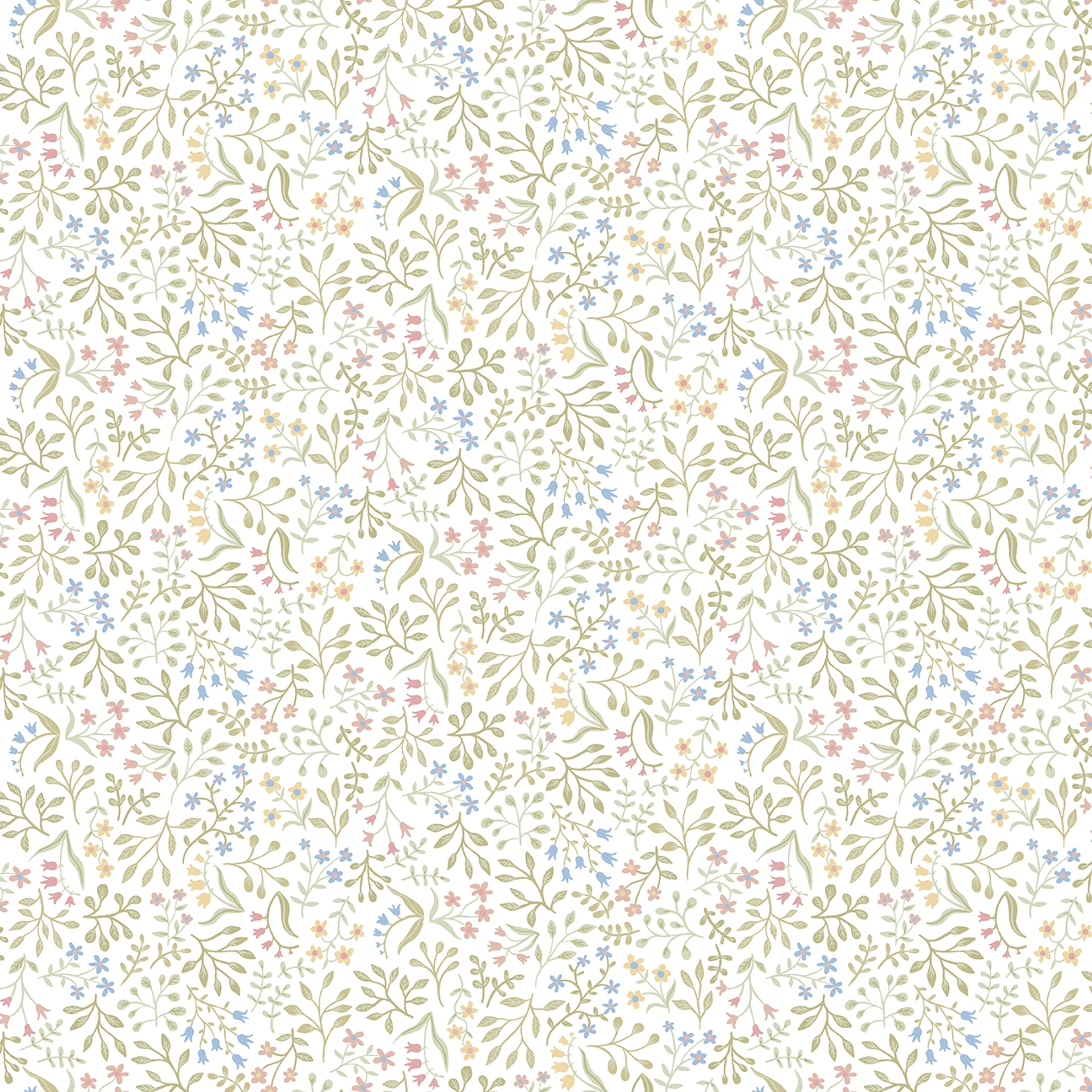 Marie tapet med blommigt mönster i vit. Från kollektionen Ängås. Nonwoven-material med förskjuten passning.