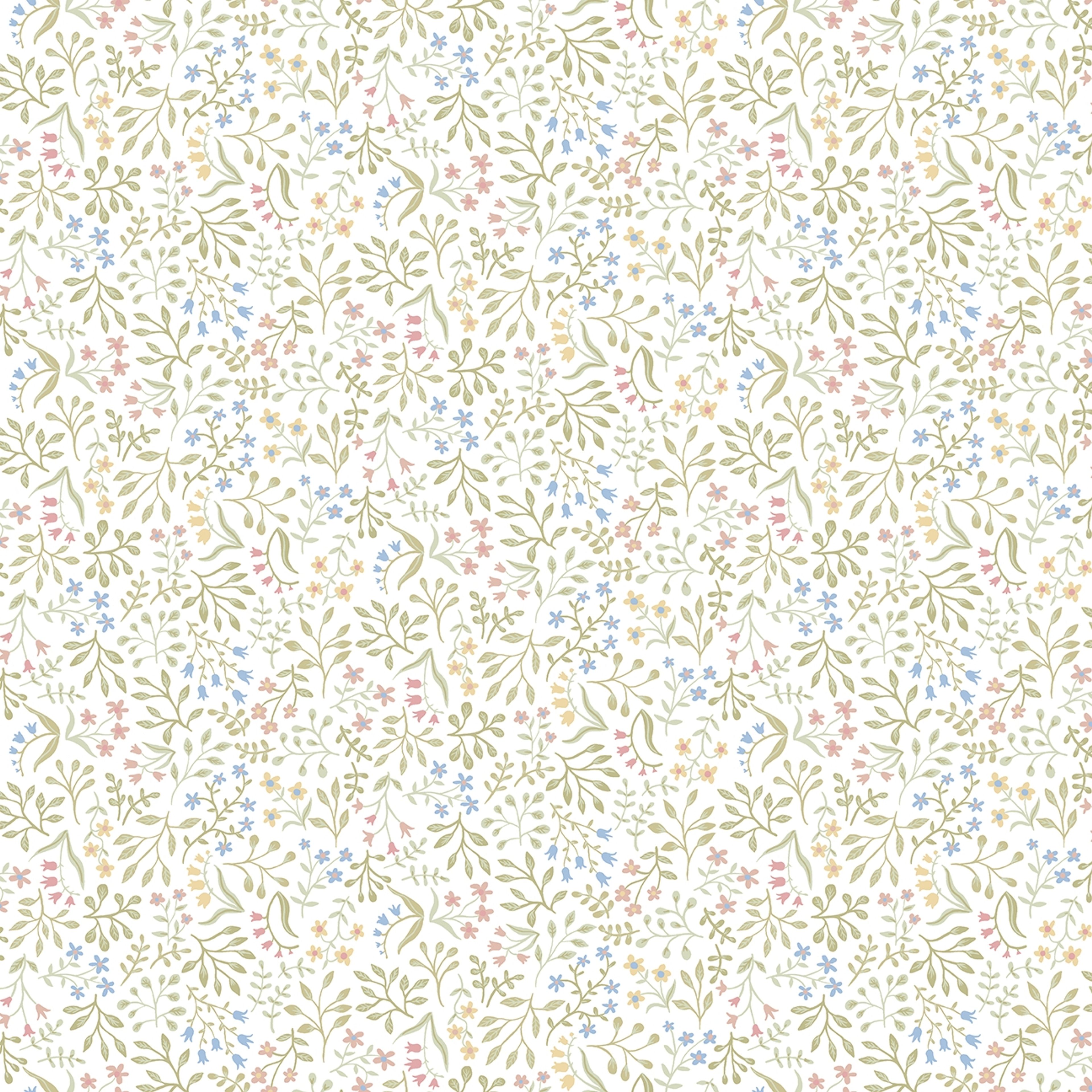Marie tapet med blommigt mönster i vit. Från kollektionen Ängås. Nonwoven-material med förskjuten passning.