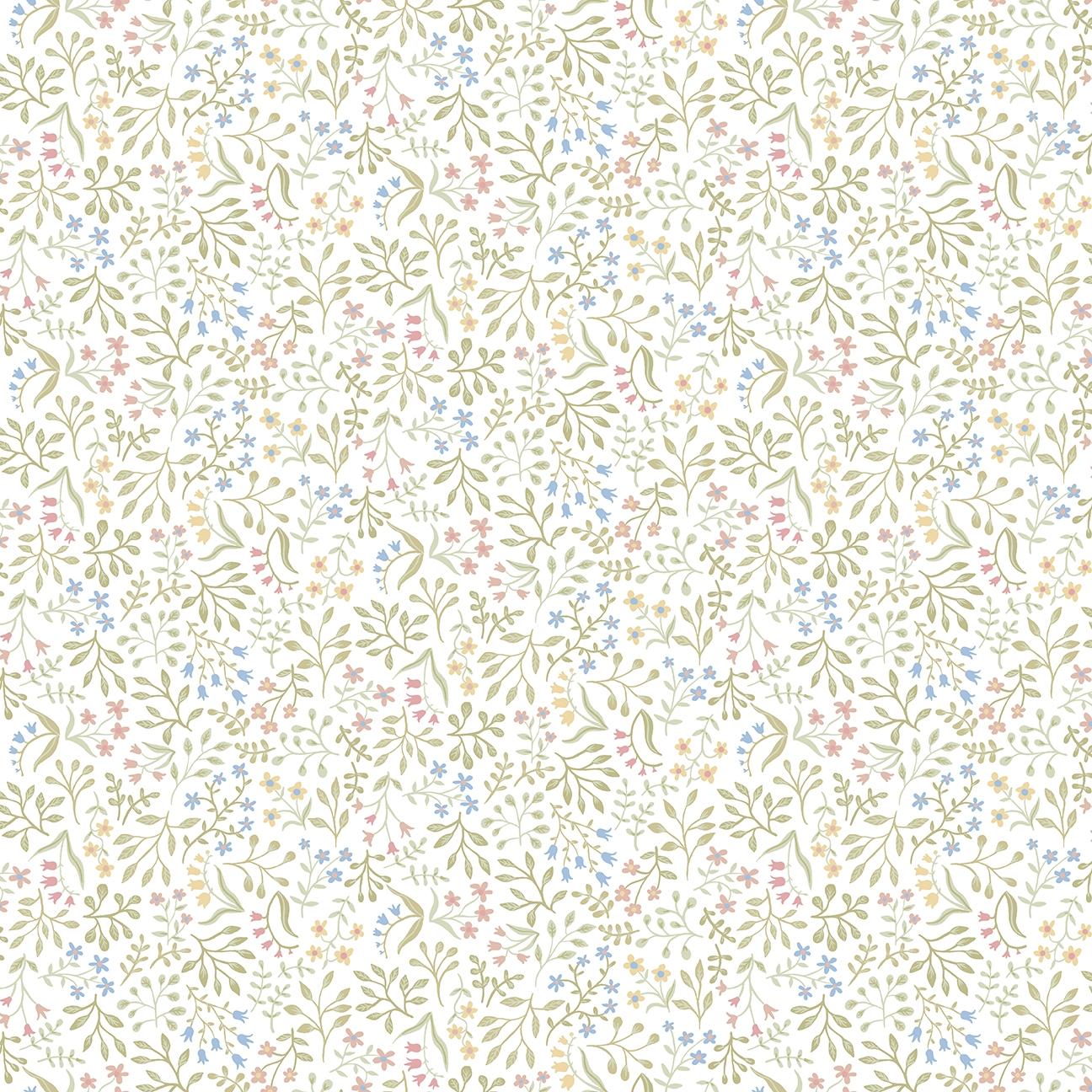 Marie tapet med blommigt mönster i vit. Från kollektionen Ängås. Nonwoven-material med förskjuten passning.
