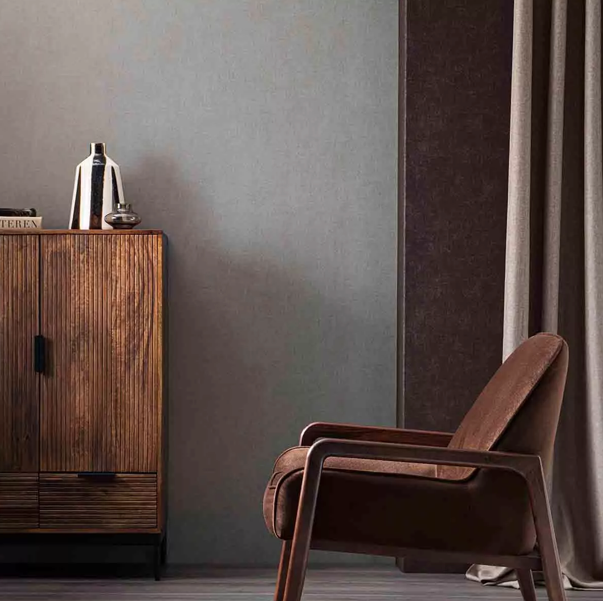 A dark wood cabinet with a striped vase and a brown armchair in a minimalist room.