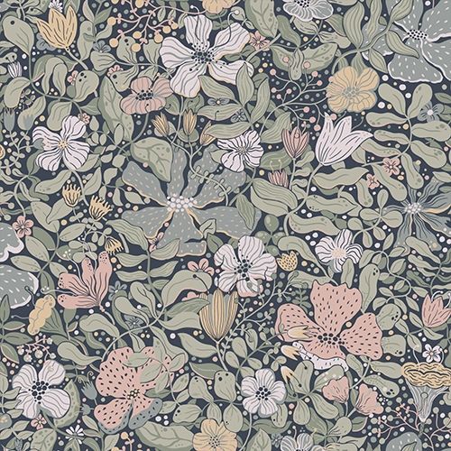 Midsommar tapet med blommigt mönster i blå. Från kollektionen Längtan. Nonwoven-material med förskjuten passning. Passar i barnrum.