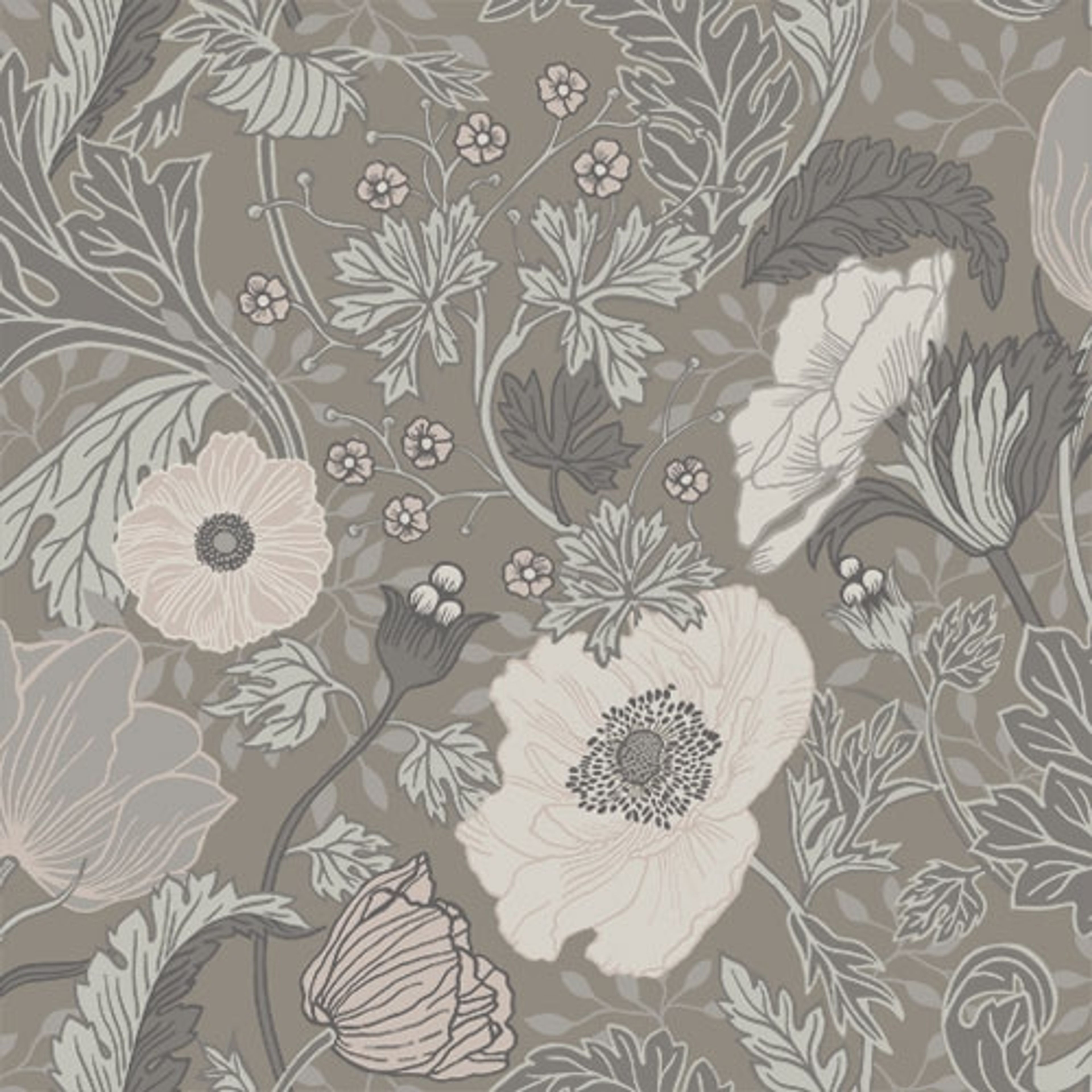 Anemone storblommig, ljusbrun tapet med botaniskt, blommigt mönster i beige. Från kollektionen Grönhaga. Nonwoven-material med förskjuten passning. Country, city-stil. Passar i barnrum.