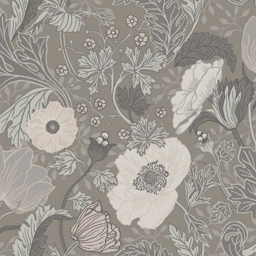 Anemone storblommig, ljusbrun tapet med botaniskt, blommigt mönster i beige. Från kollektionen Grönhaga. Nonwoven-material med förskjuten passning. Country, city-stil. Passar i barnrum.