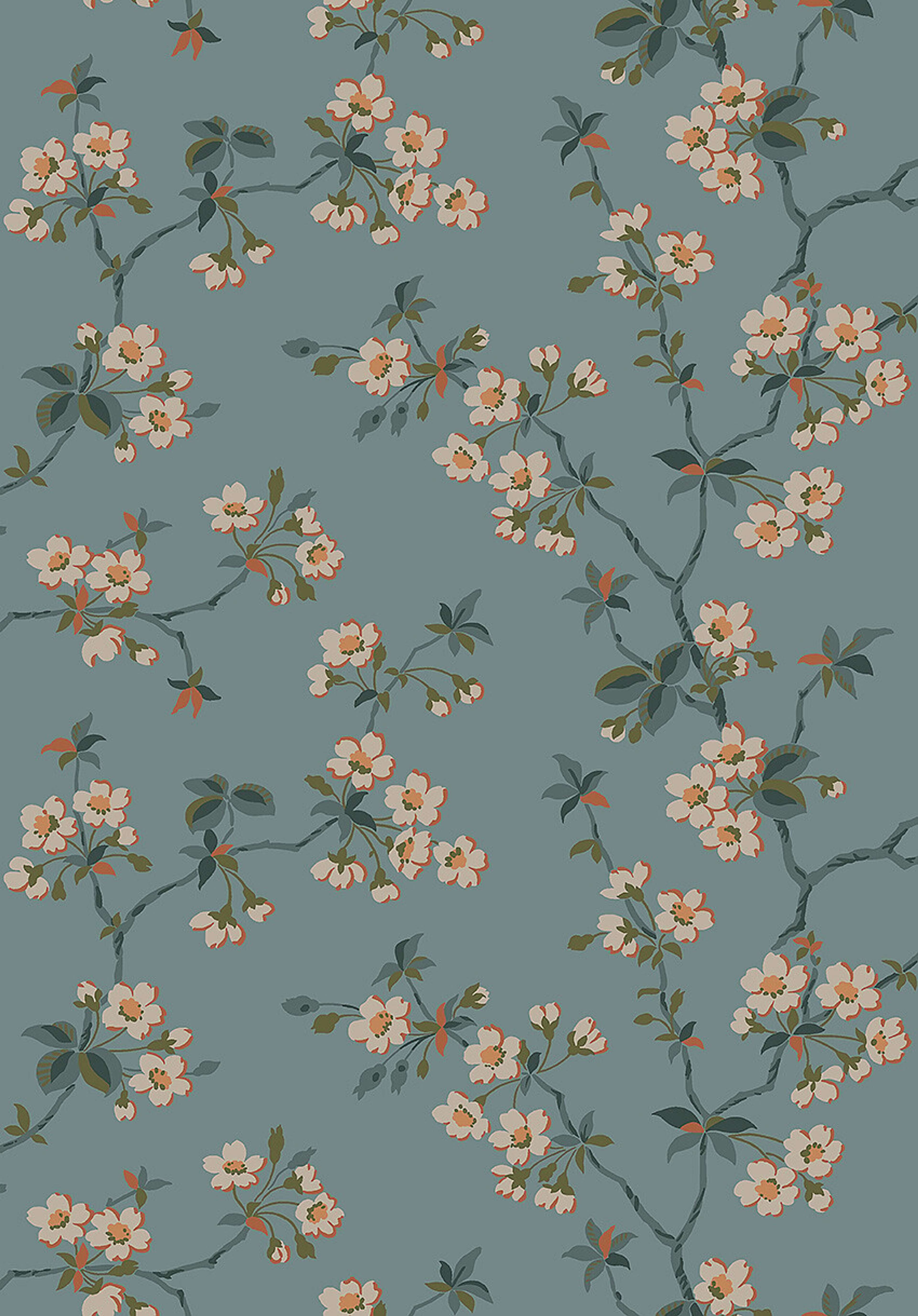 Trädgårdsstaden tapet med blommigt mönster i blå. Från kollektionen Alla Tiders Hus. Nonwoven-material med förskjuten passning. Country-stil. Passar i vardagsrum, matsal och kök.