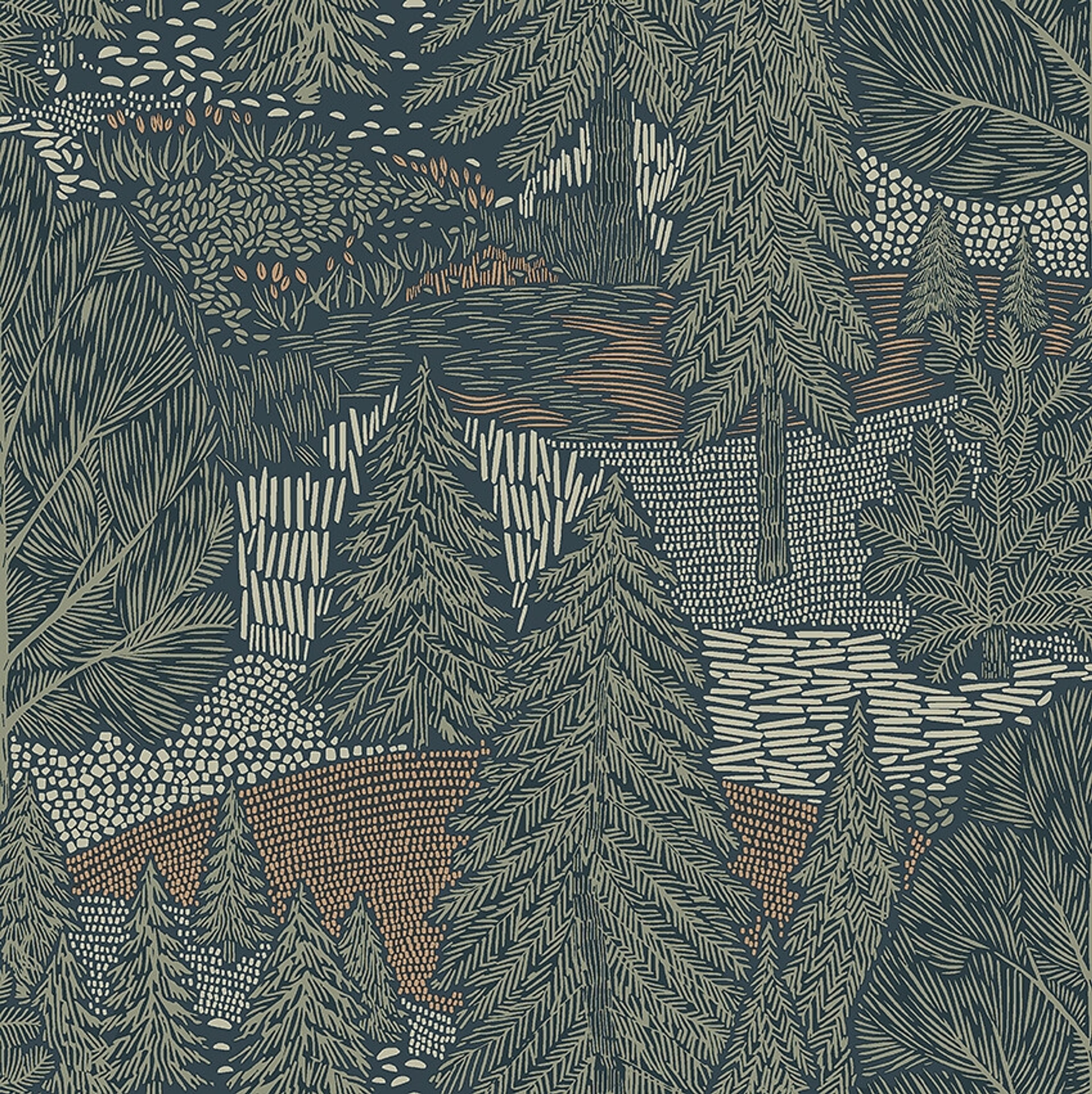 Northern Forest tapet med botaniskt mönster i grön. Från kollektionen Woodland. Nonwoven-material med förskjuten passning.