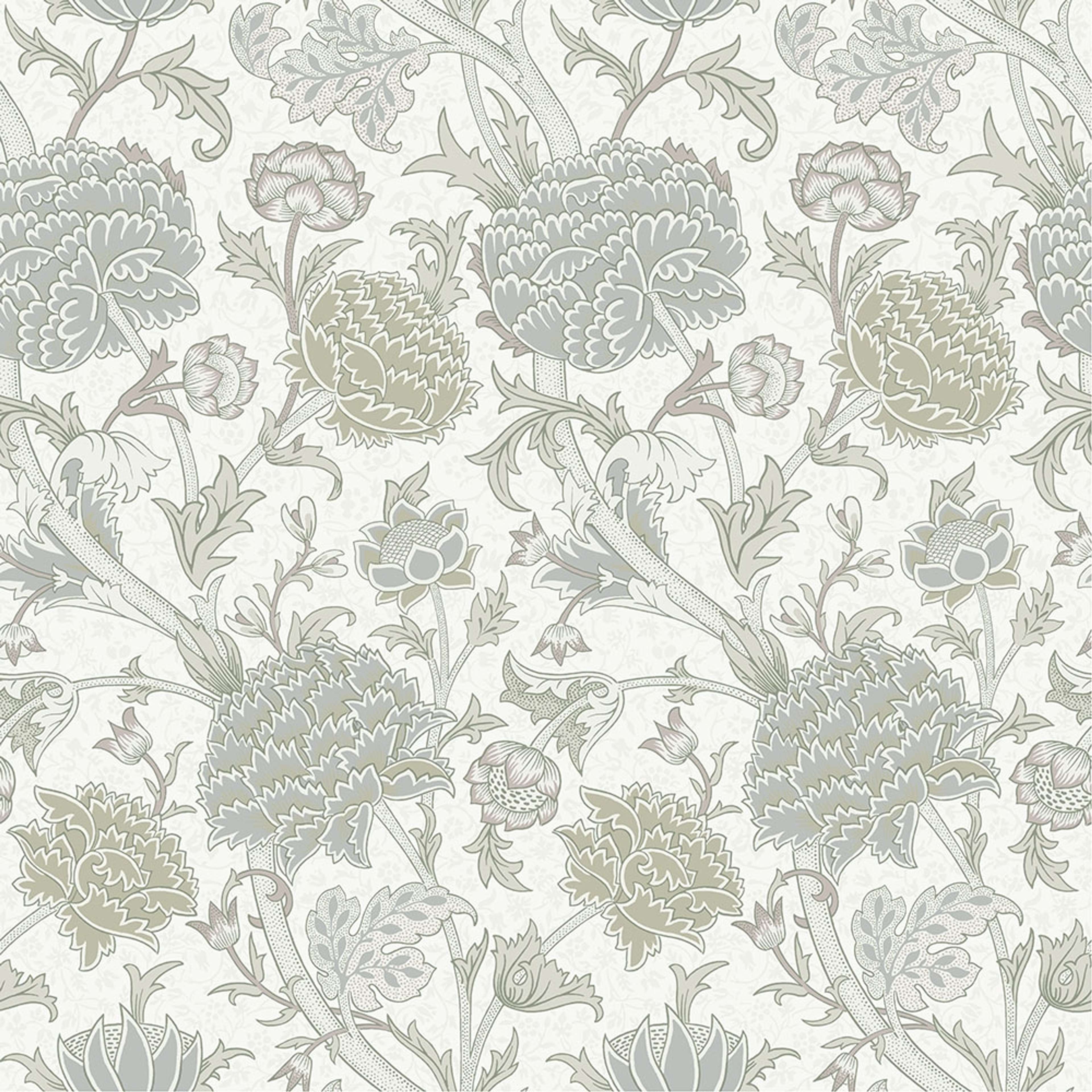 Cray, grå tapet tapet från Midbec med botaniskt, blommigt mönster i vit och grå. Från kollektionen Hidden Treasures vol 1. Nonwoven-material med rak passning.