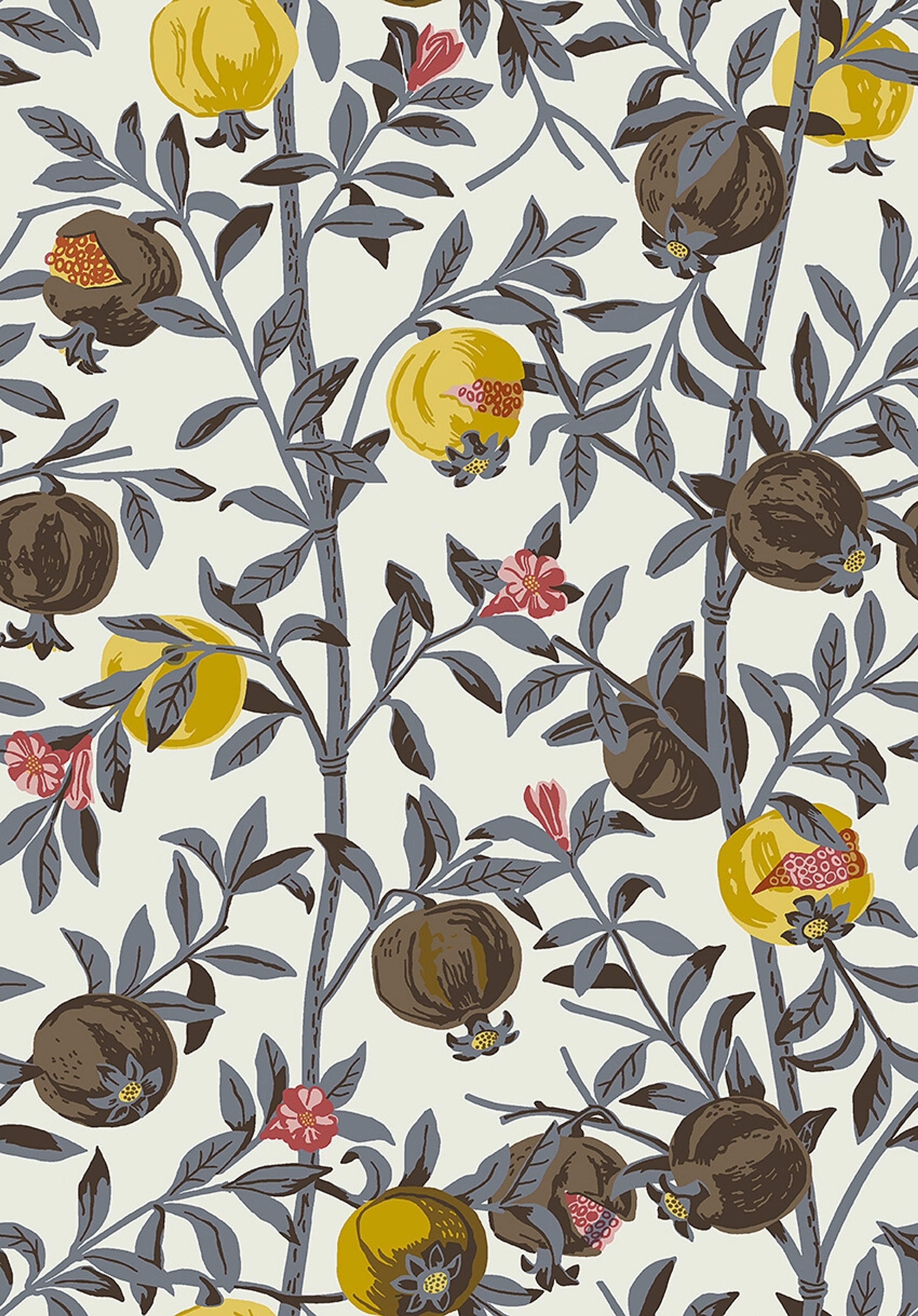 Gocken Jobs Granatäpple tapet med botaniskt, blommigt, retro mönster i grå. Från kollektionen Scandinavian Designers III. Nonwoven-material med rak passning.