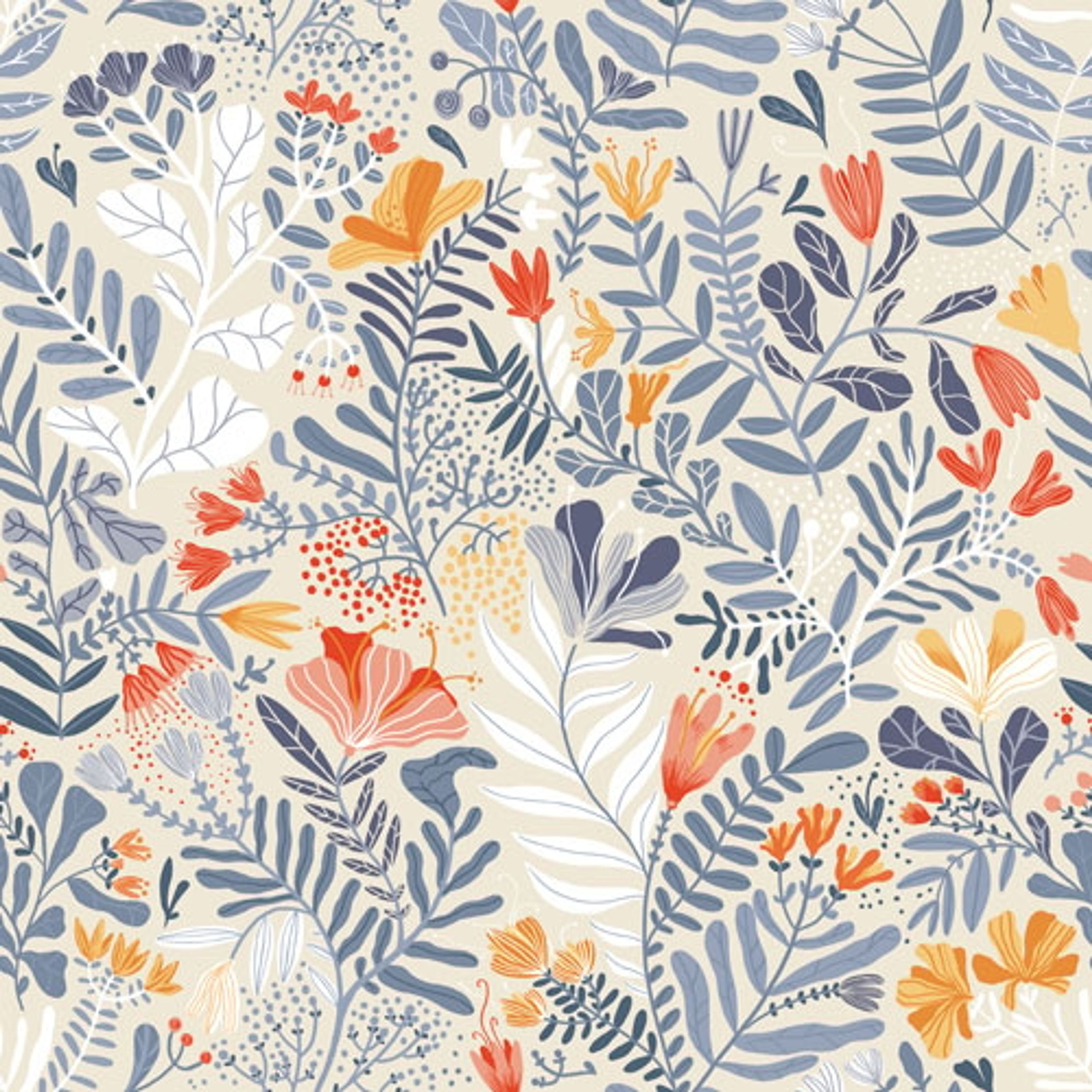 Brittsommar tapet med blommigt mönster i blå. Från kollektionen Lina. Nonwoven-material med rak passning.