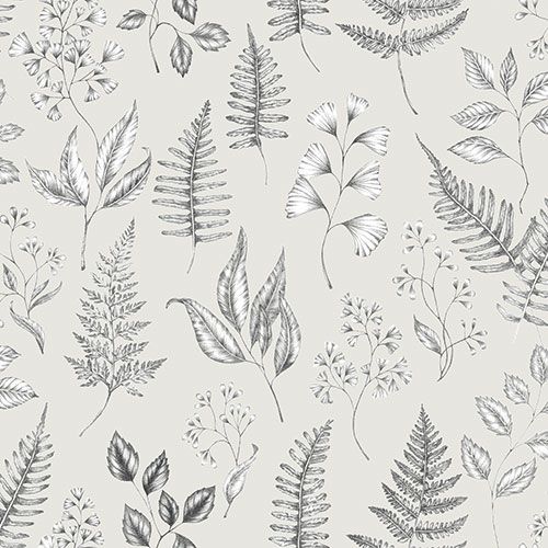 Betula tapet med botaniskt mönster i grå. Från kollektionen skogsgläntan. Nonwoven-material med förskjuten passning. Country, city-stil. Passar i vardagsrum, sovrum och matsal.