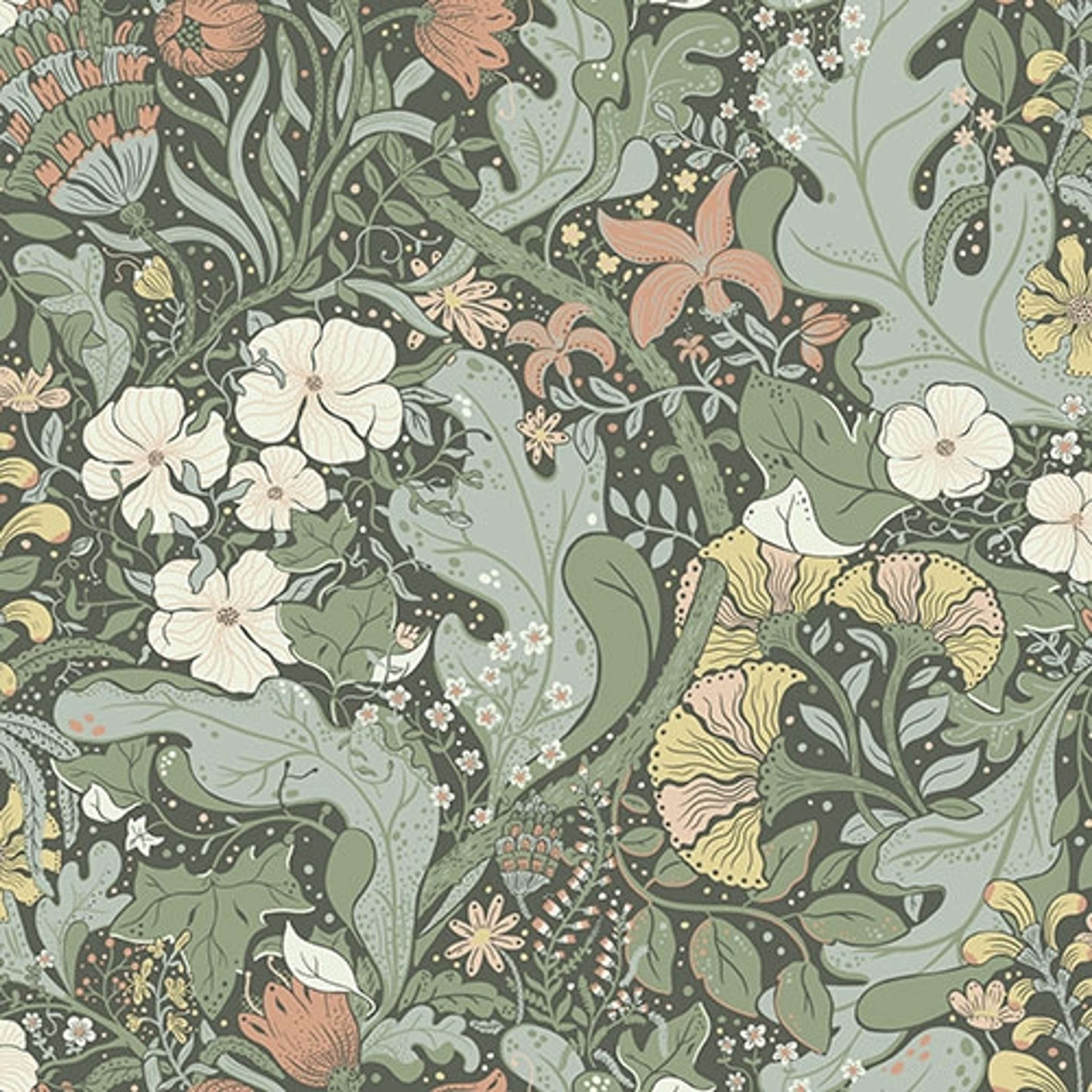 Elise tapet med blommigt mönster i grön. Från kollektionen hjärterum. Nonwoven-material med förskjuten passning.