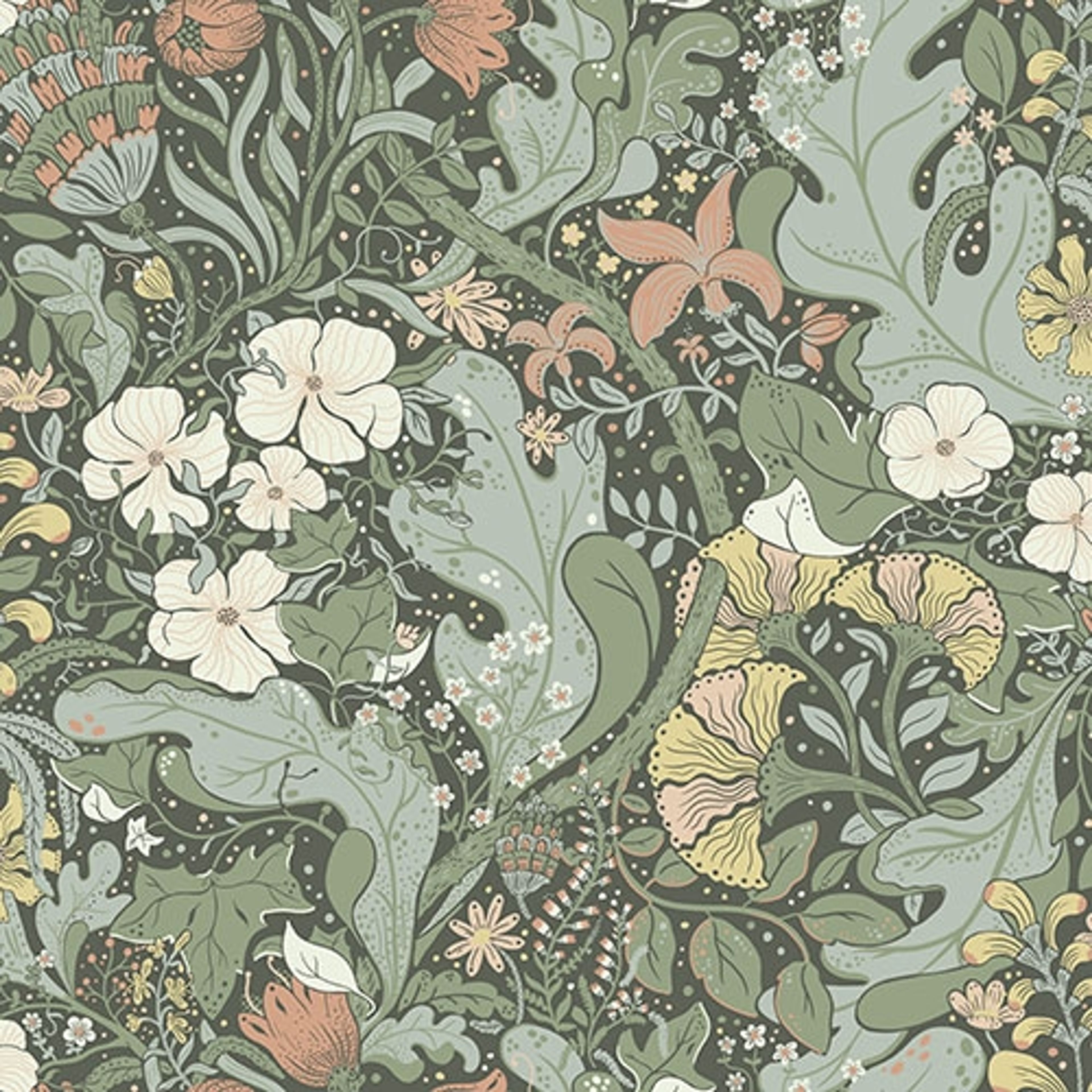 Elise tapet med blommigt mönster i grön. Från kollektionen hjärterum. Nonwoven-material med förskjuten passning.