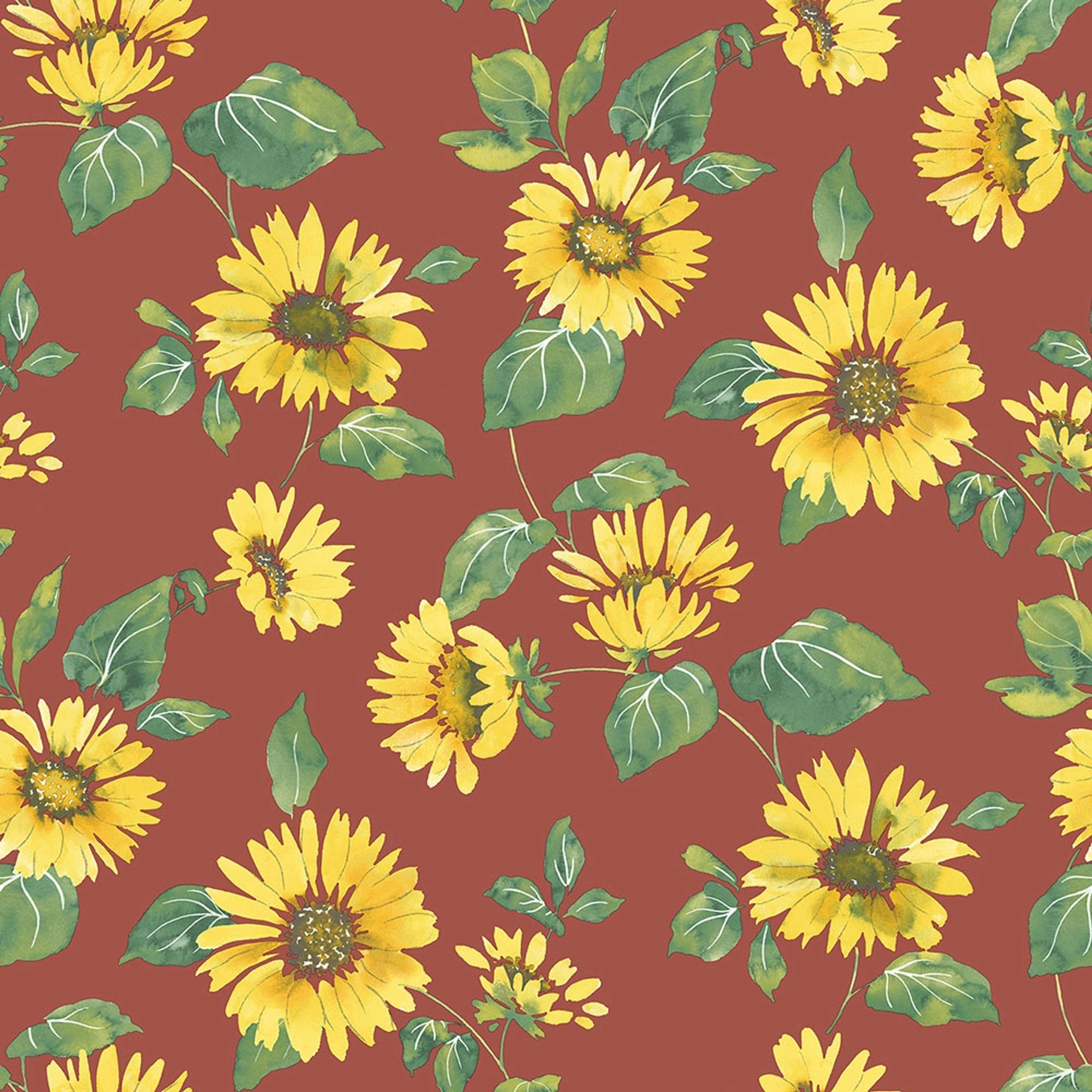 Sunflower Trail tapet med blommigt mönster i röd och gul. Från kollektionen Just Kitchens. Nonwoven-material med rak passning.
