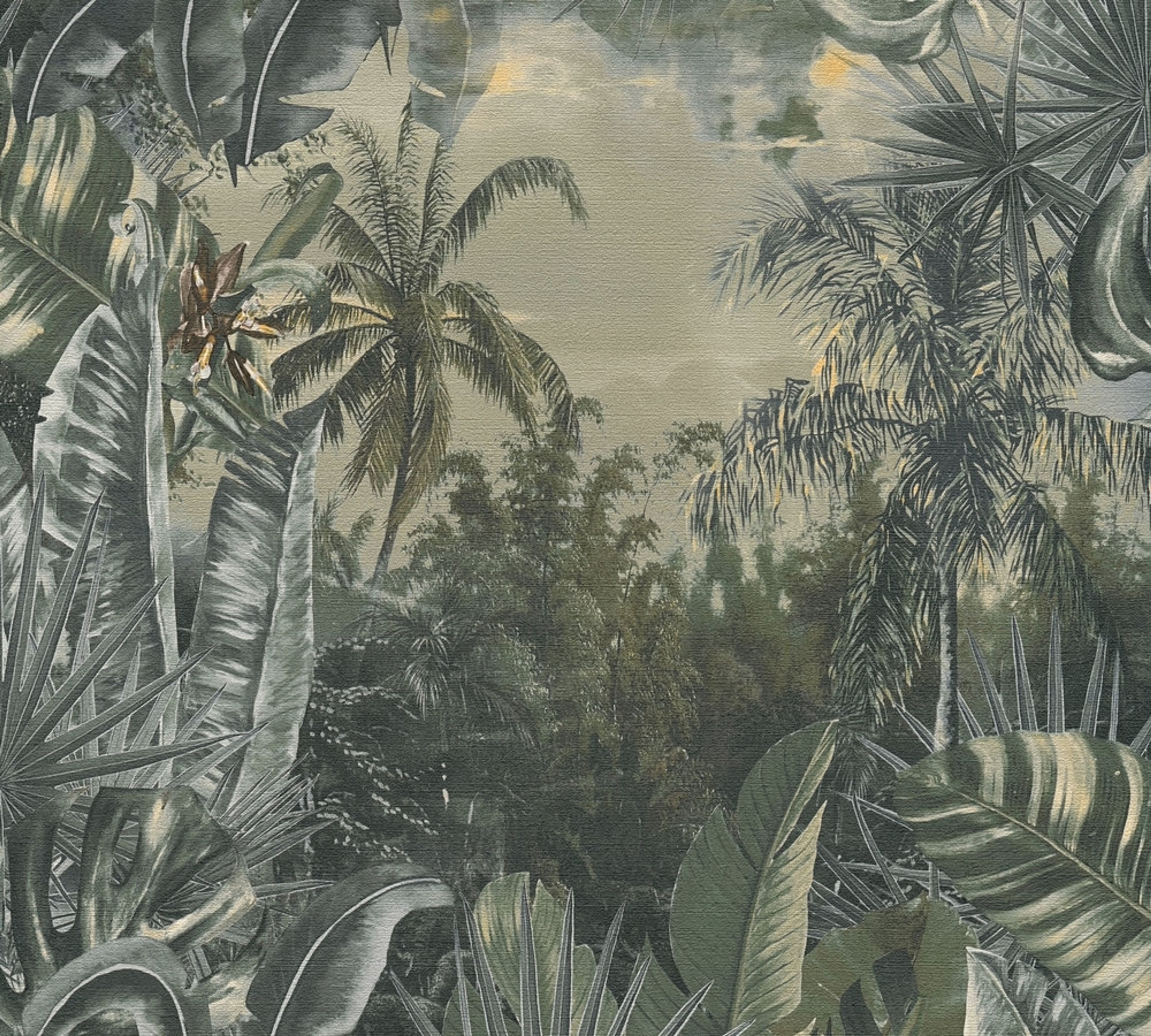 Aruba Jungle tapet med botaniskt mönster i grön. Från kollektionen Aruba. Nonwoven-material med förskjuten passning. Passar i vardagsrum och matsal.