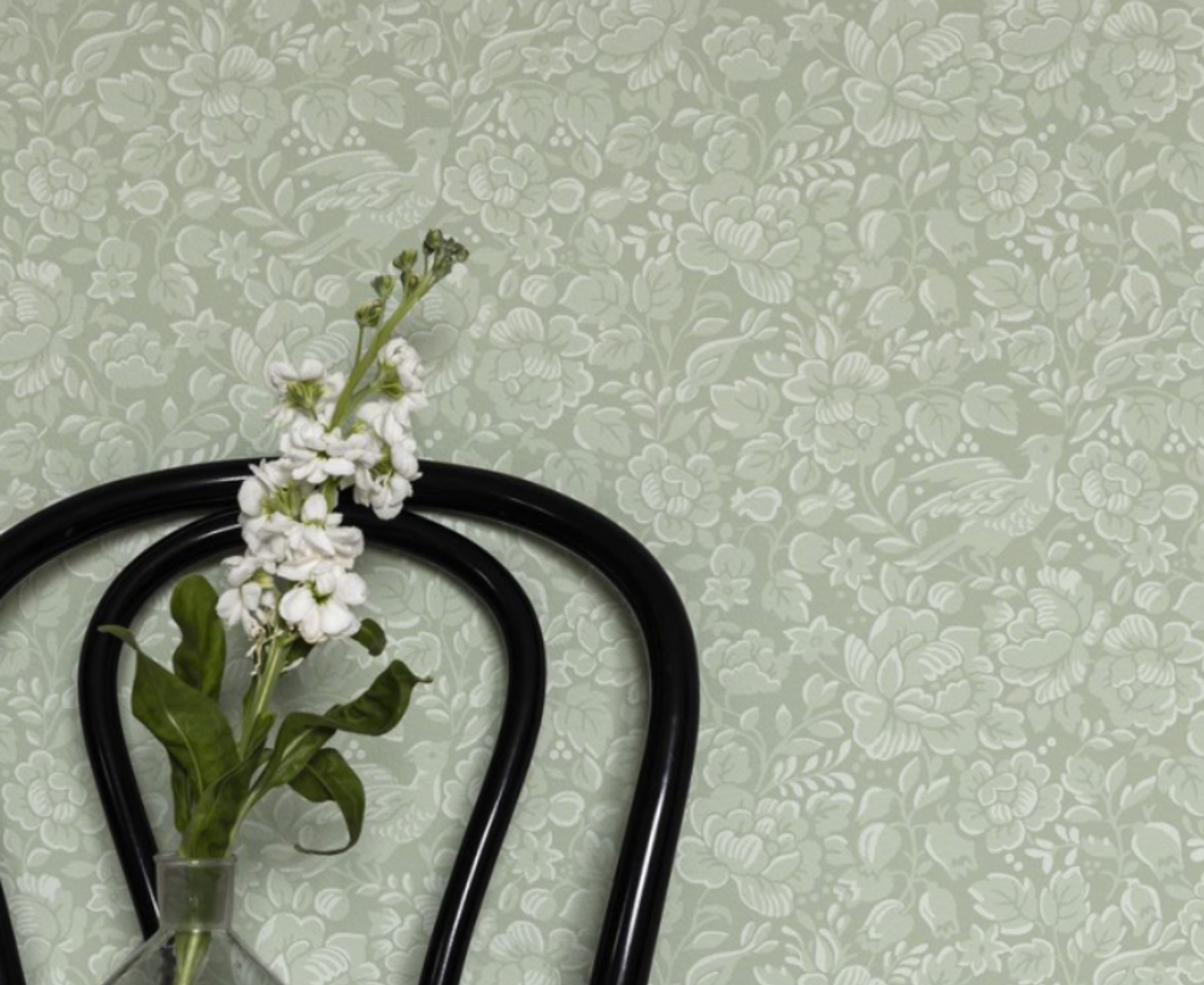 White flowers in a vase in front of light green wallpaper with a subtle floral and bird pattern.